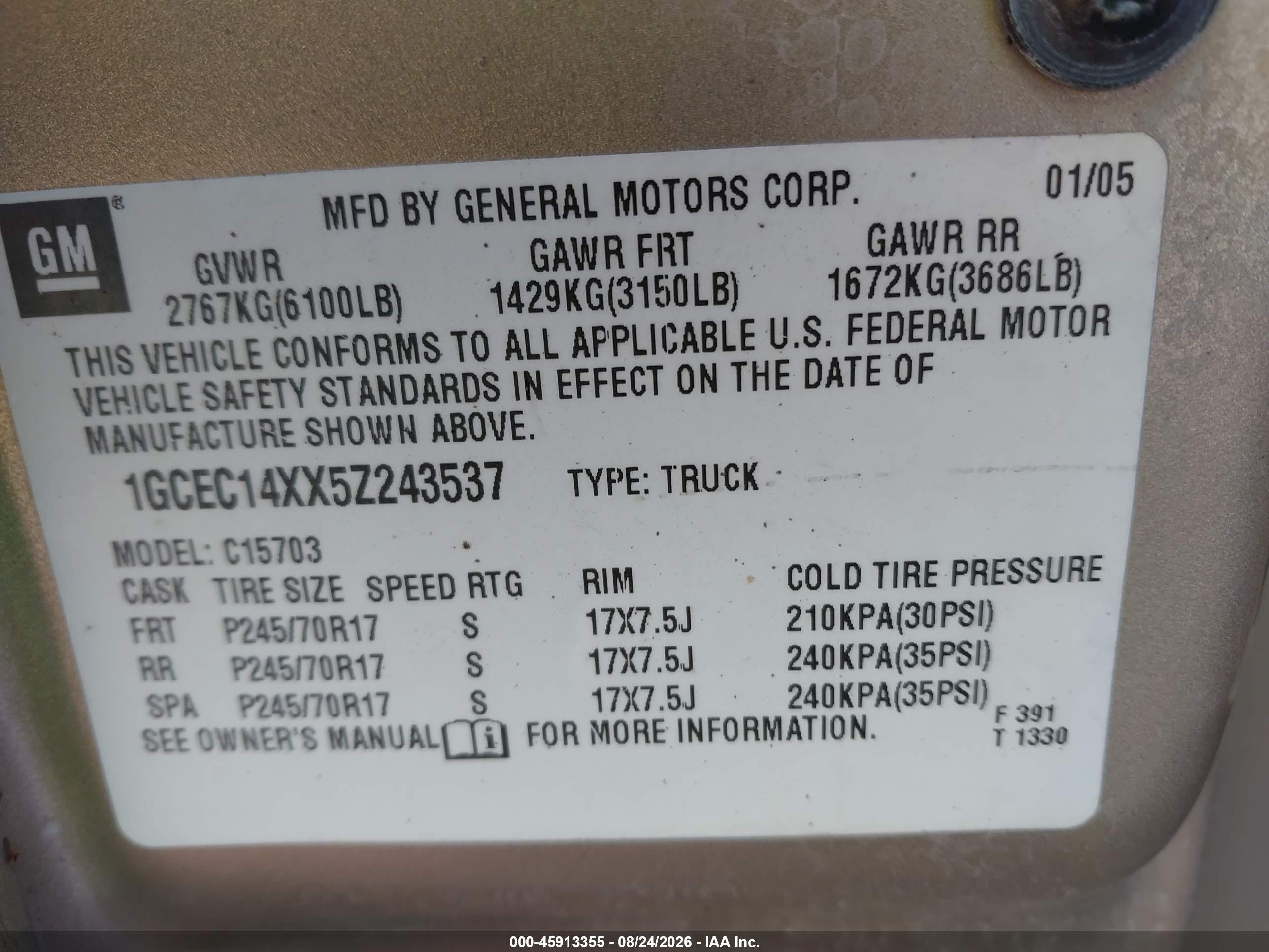 2005 Chevrolet Silverado 1500   Gold vin: 1GCEC14XX5Z243537