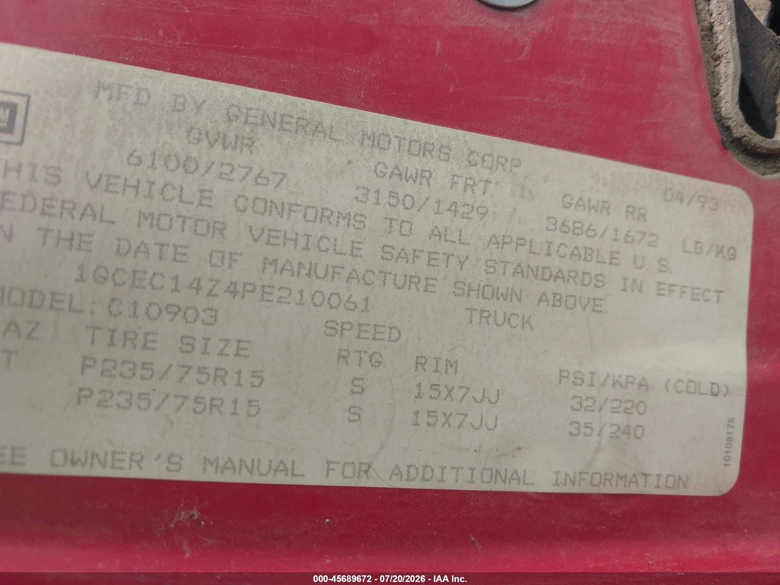 1993 Chevrolet Gmt-400 C1500 Red vin: 1GCEC14Z4PE210061