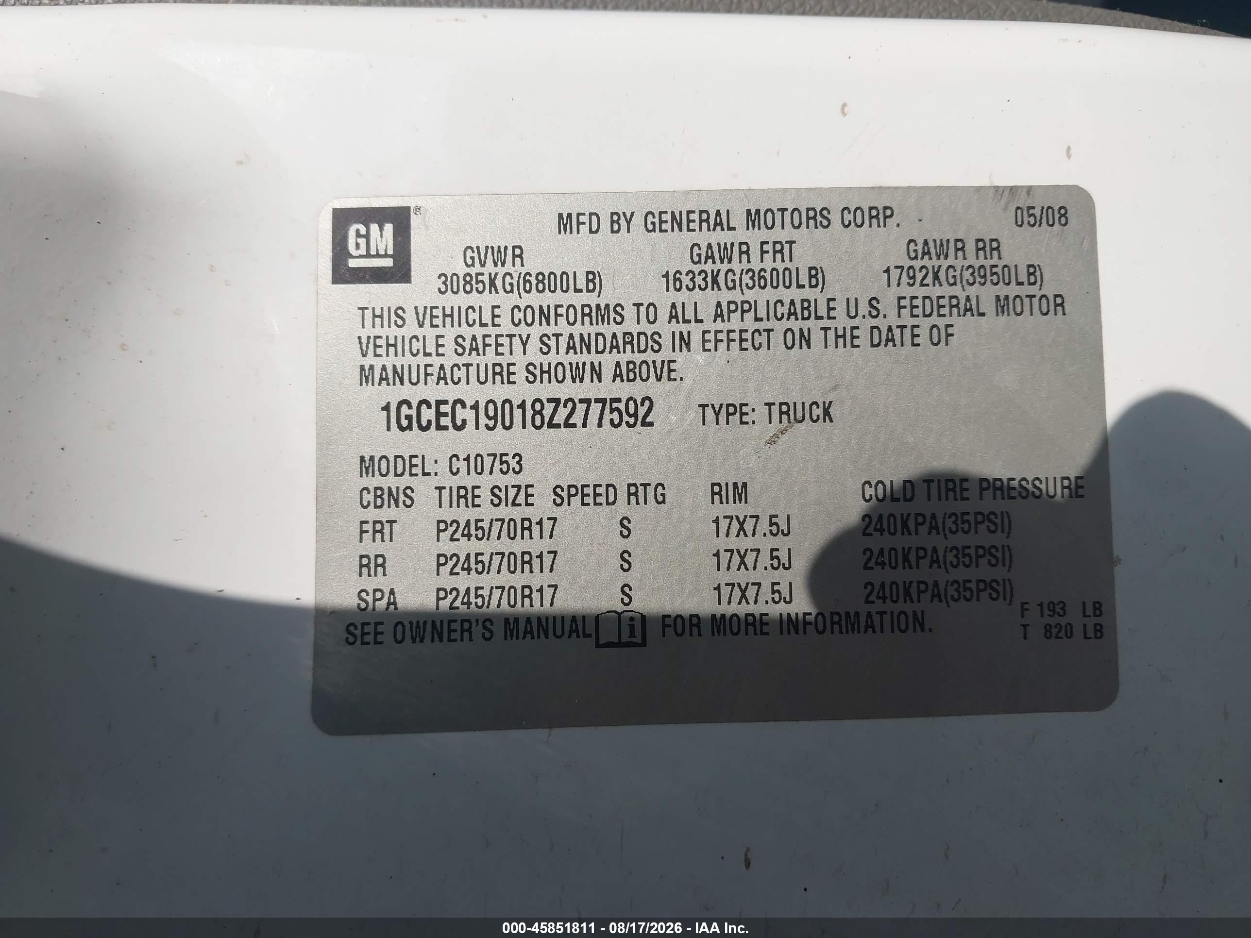 2008 Chevrolet Silverado 1500 Work Truck White vin: 1GCEC19018Z277592