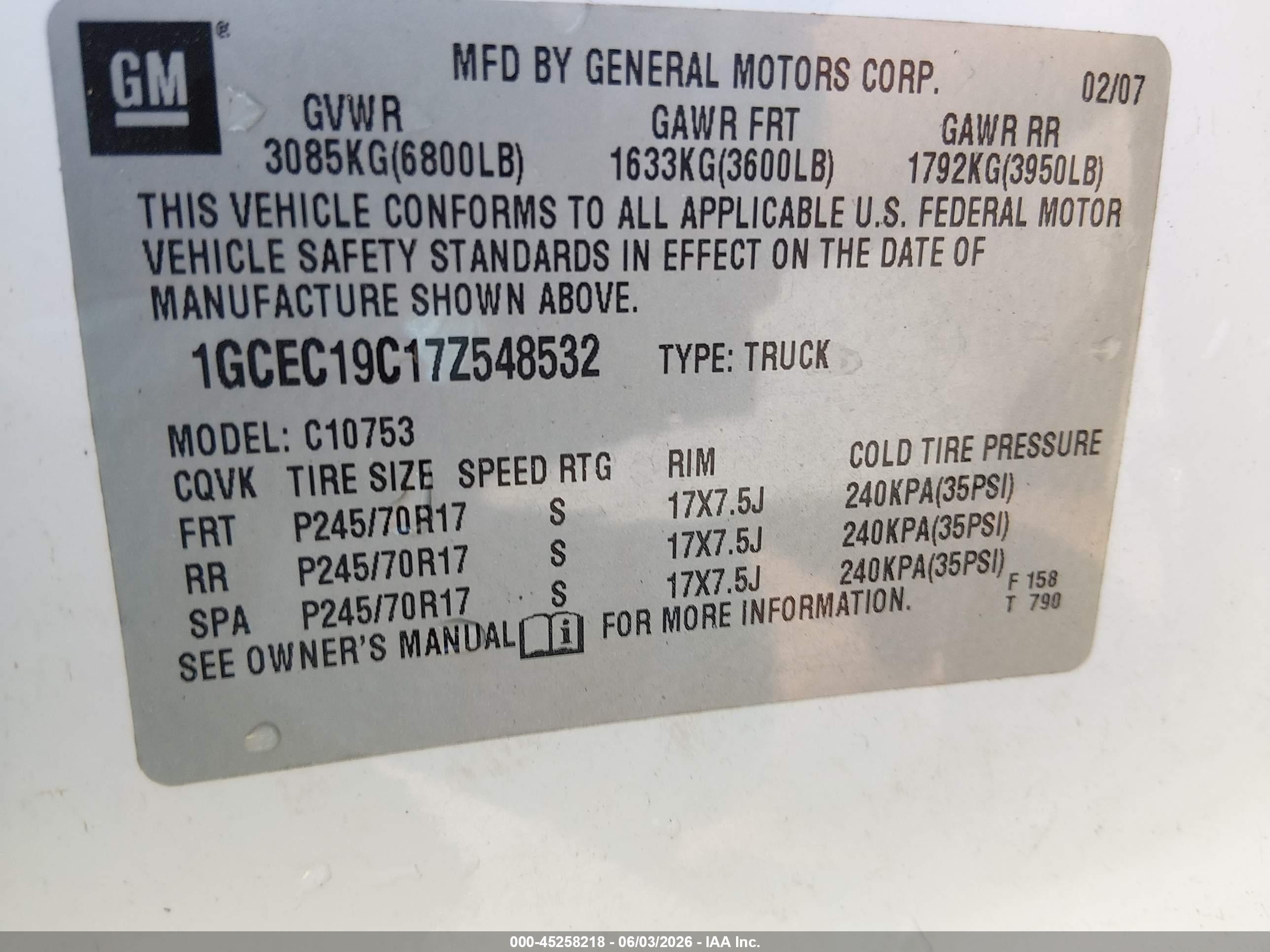 2007 Chevrolet Silverado 1500 Work Truck White vin: 1GCEC19C17Z548532