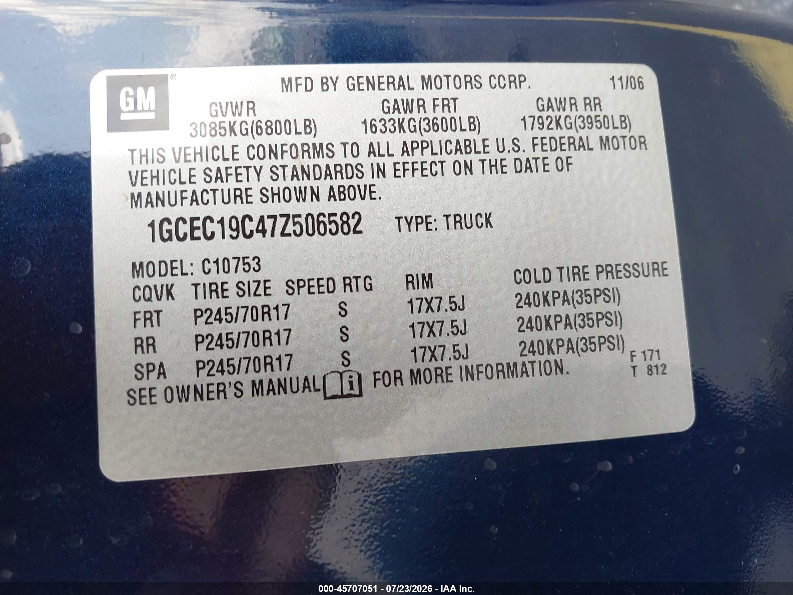 2007 Chevrolet Silverado 1500 Work Truck Blue vin: 1GCEC19C47Z506582