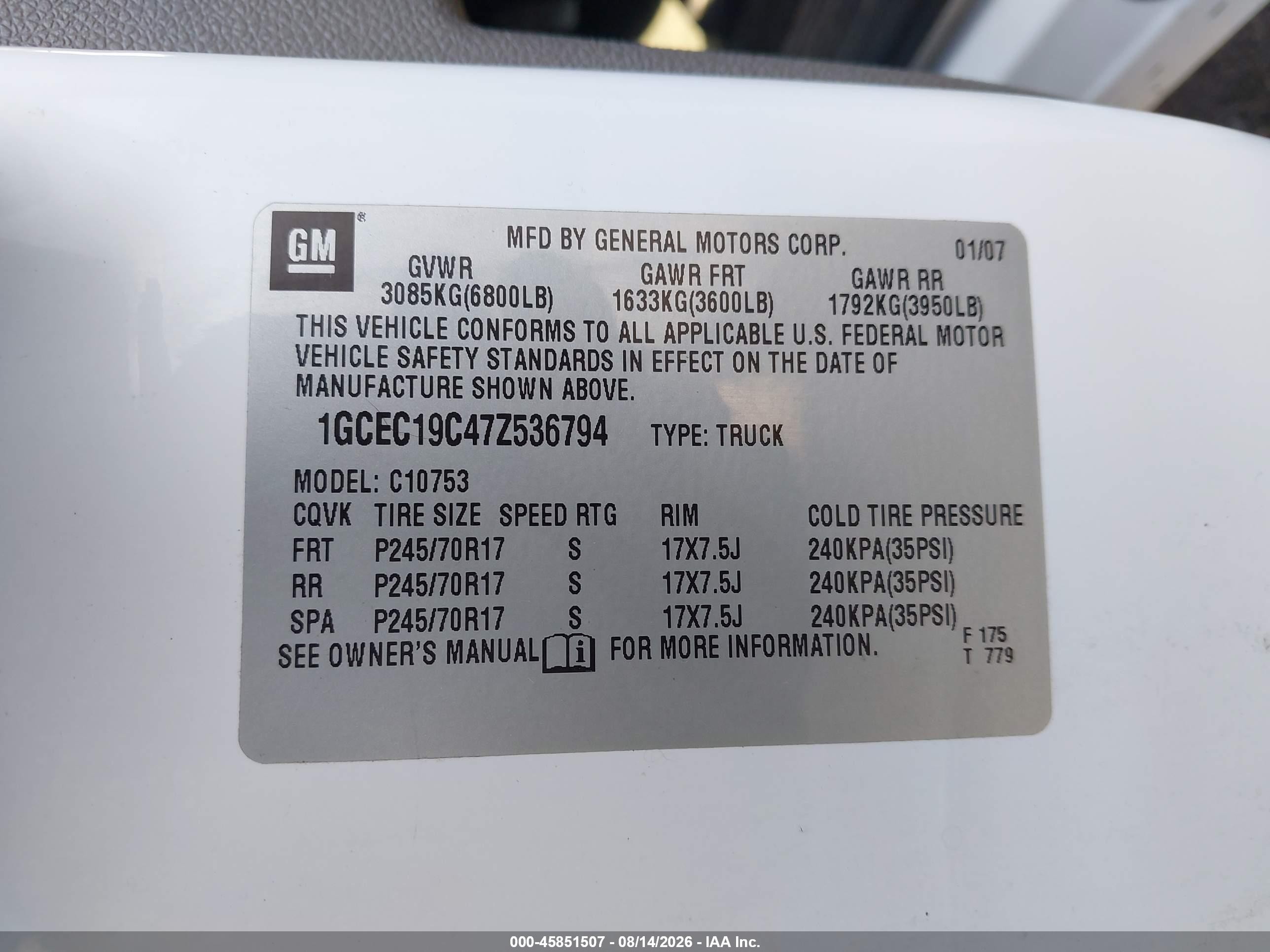 2007 Chevrolet Silverado 1500 Work Truck White vin: 1GCEC19C47Z536794