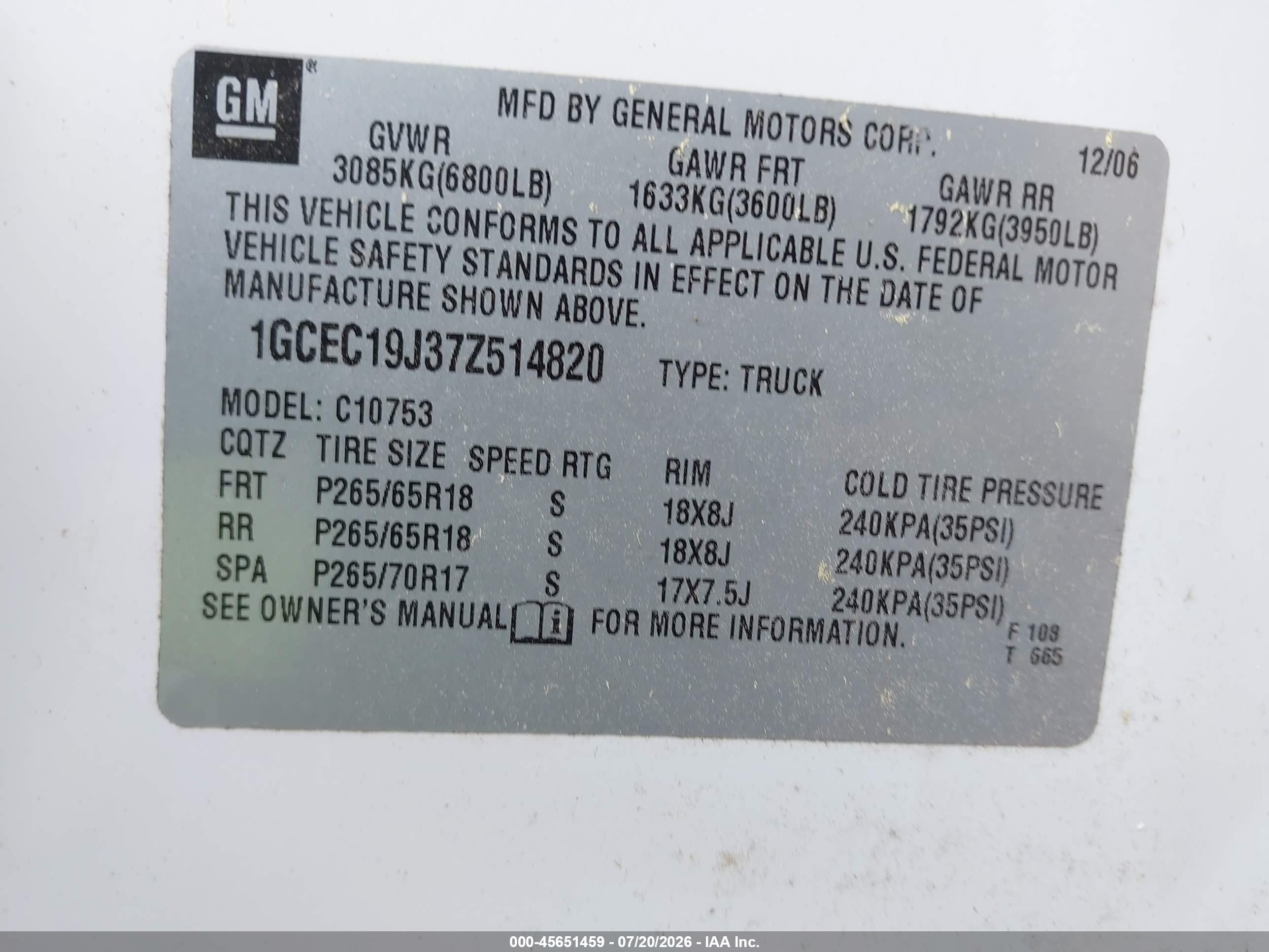 2007 Chevrolet Silverado 1500 Lt1 Белый vin: 1GCEC19J37Z514820