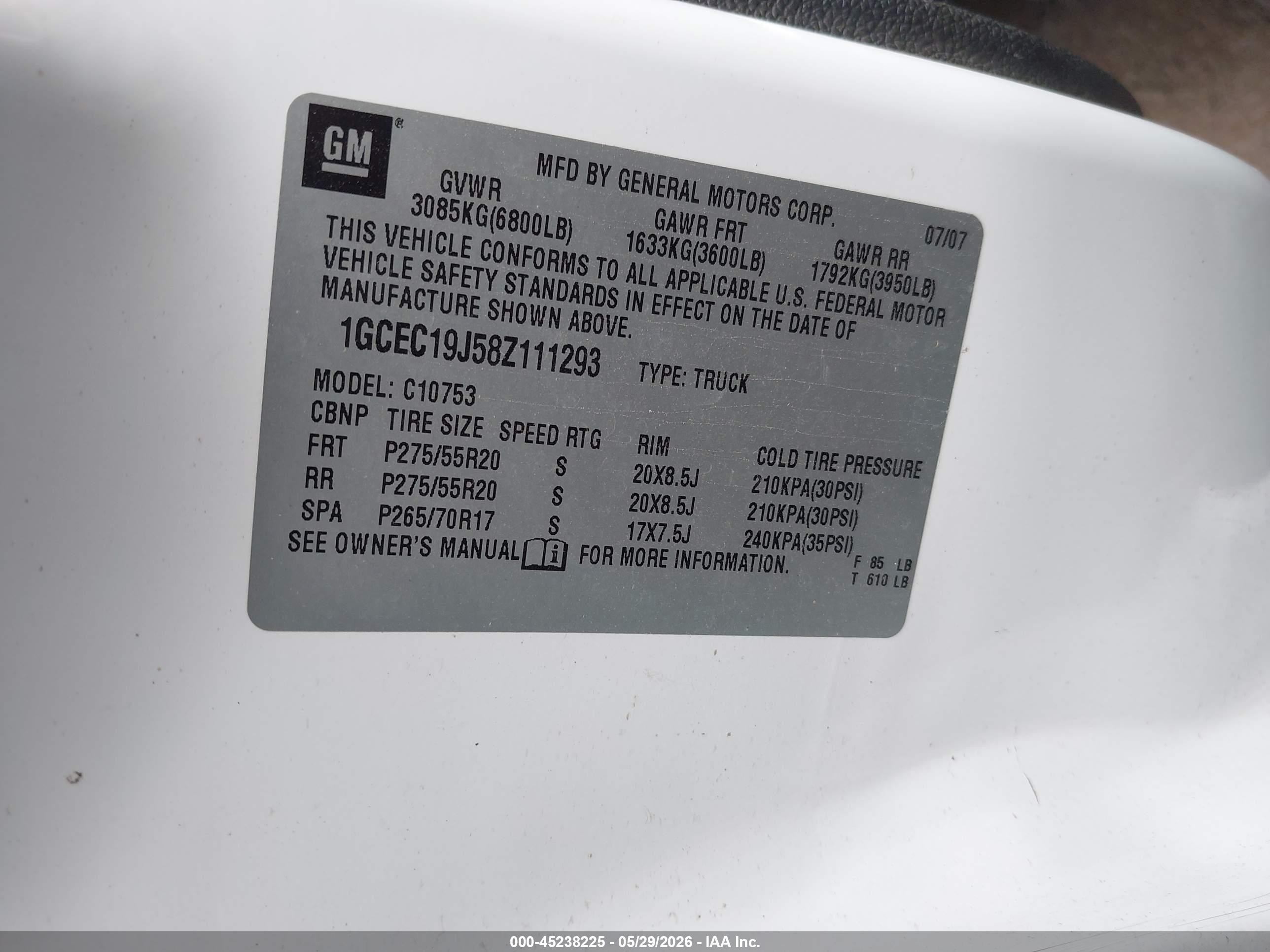2008 Chevrolet Silverado 1500 Lt1 White vin: 1GCEC19J58Z111293