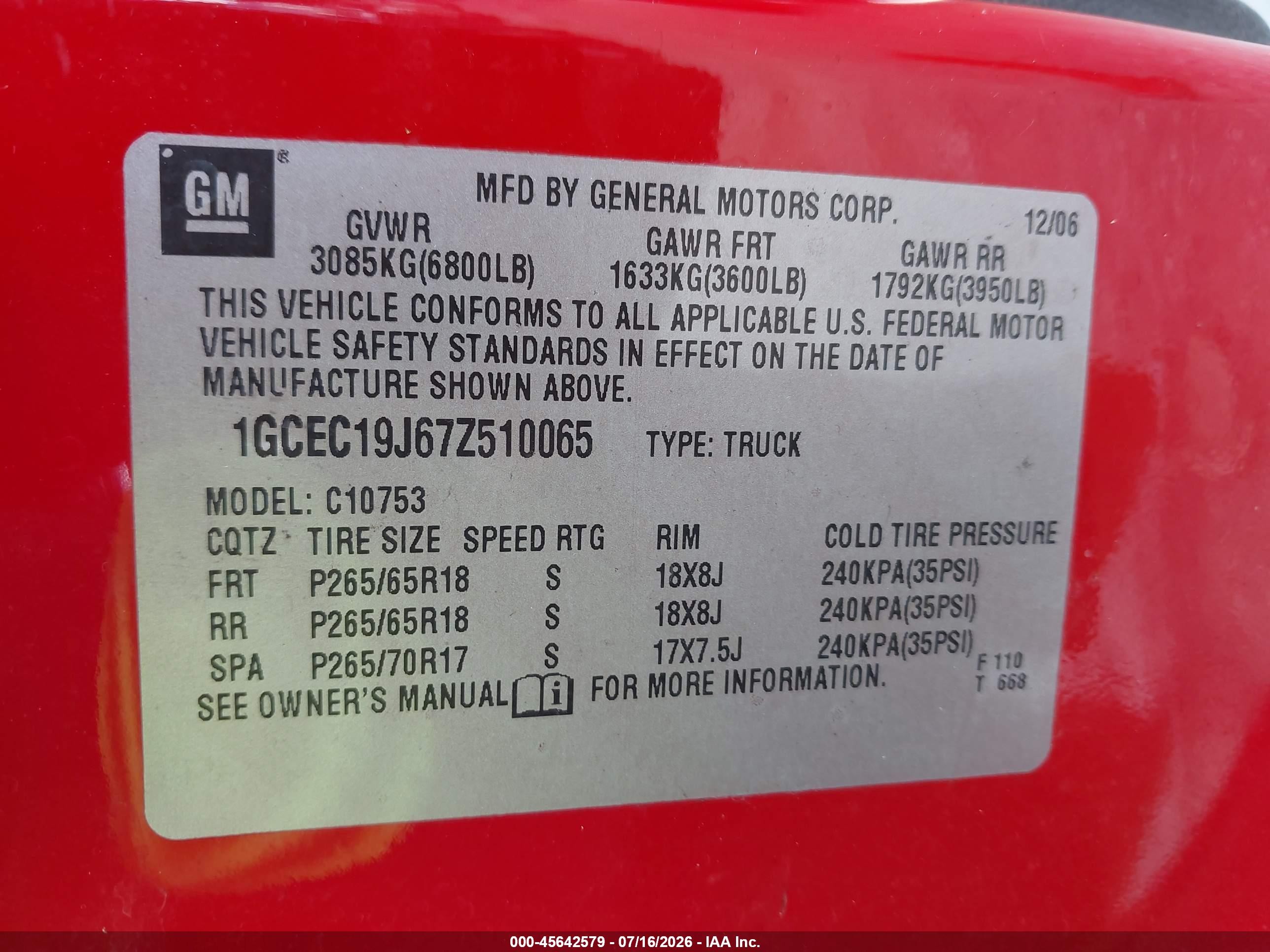 2007 Chevrolet Silverado 1500 Lt1 Red vin: 1GCEC19J67Z510065