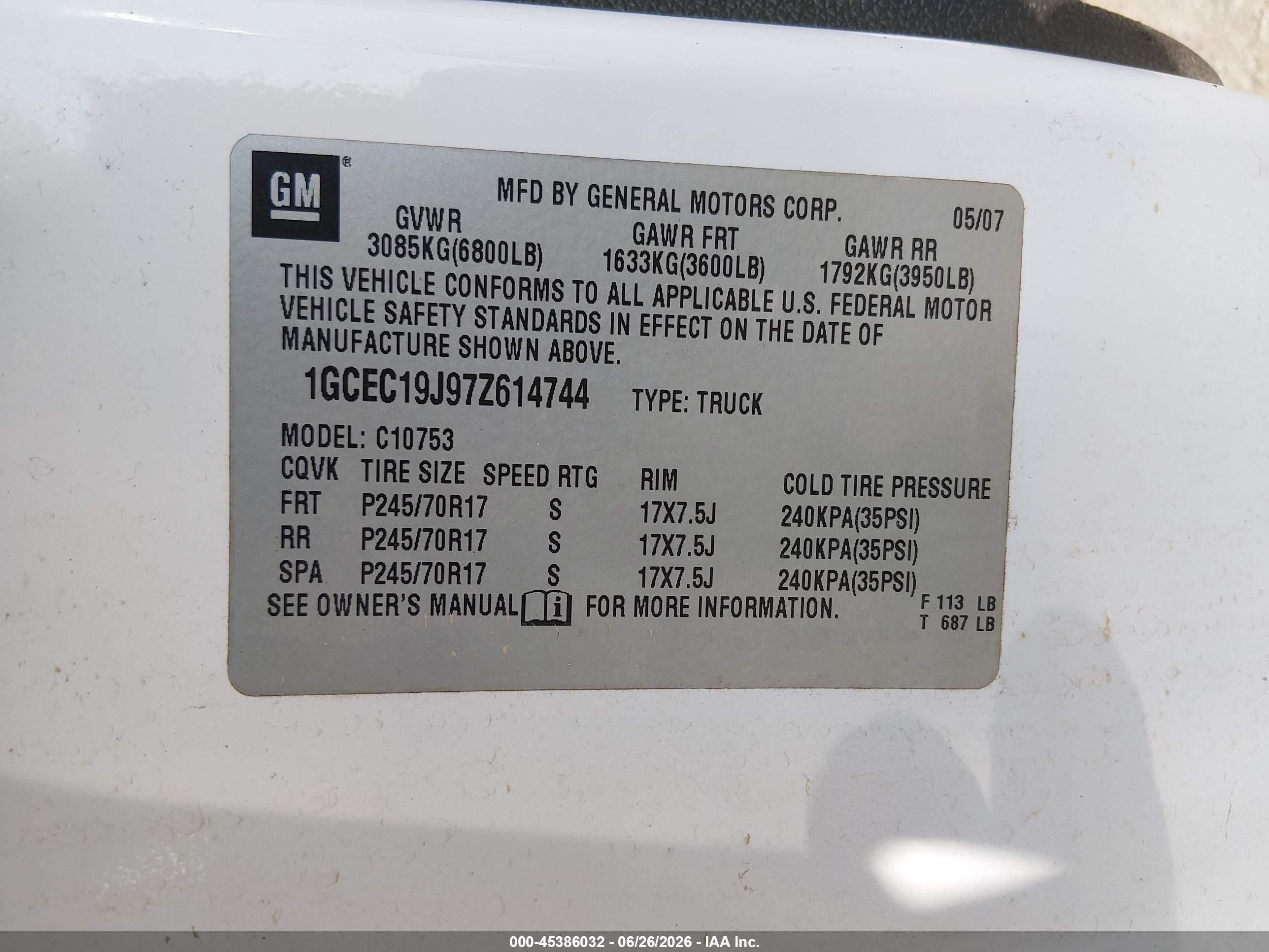 2007 Chevrolet Silverado 1500 Lt1 White vin: 1GCEC19J97Z614744