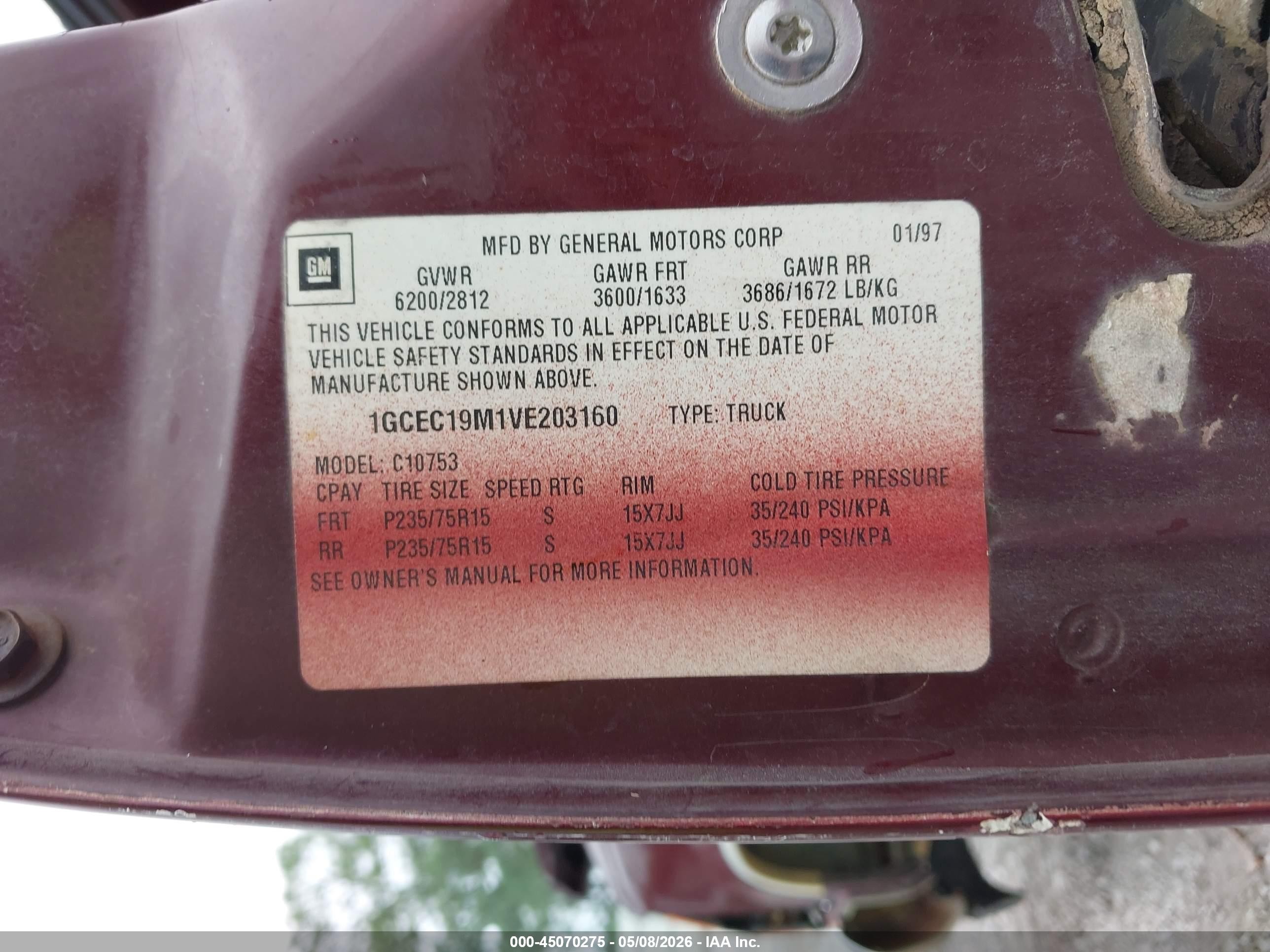 1997 Chevrolet C1500 Fleetside Темно-бордовый vin: 1GCEC19M1VE203160
