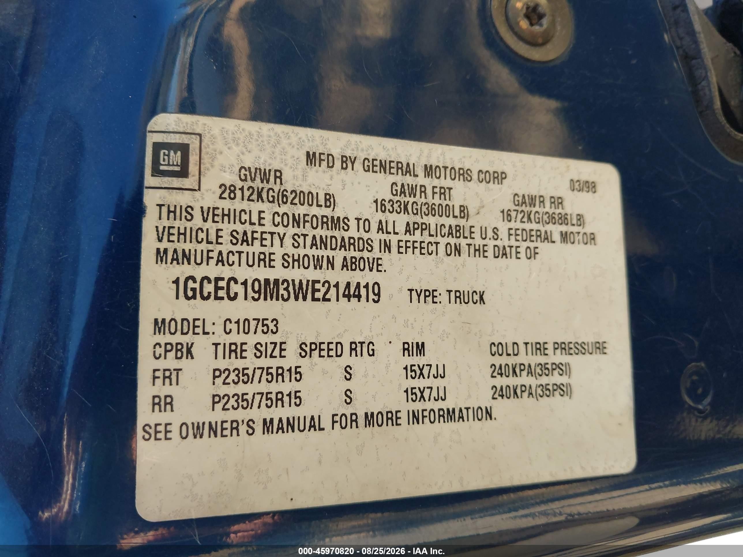 1998 Chevrolet C1500 Fleetside Cmi Blue vin: 1GCEC19M3WE214419