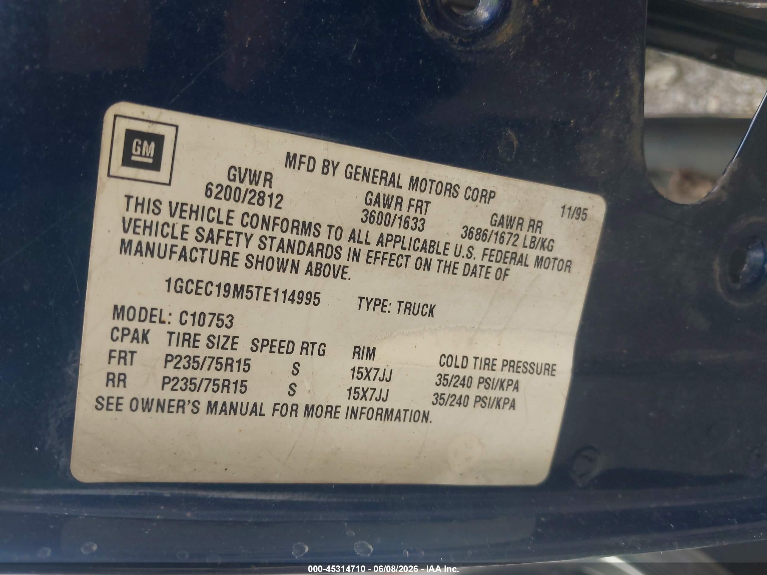1996 Chevrolet Gmt-400 C1500 Blue vin: 1GCEC19M5TE114995