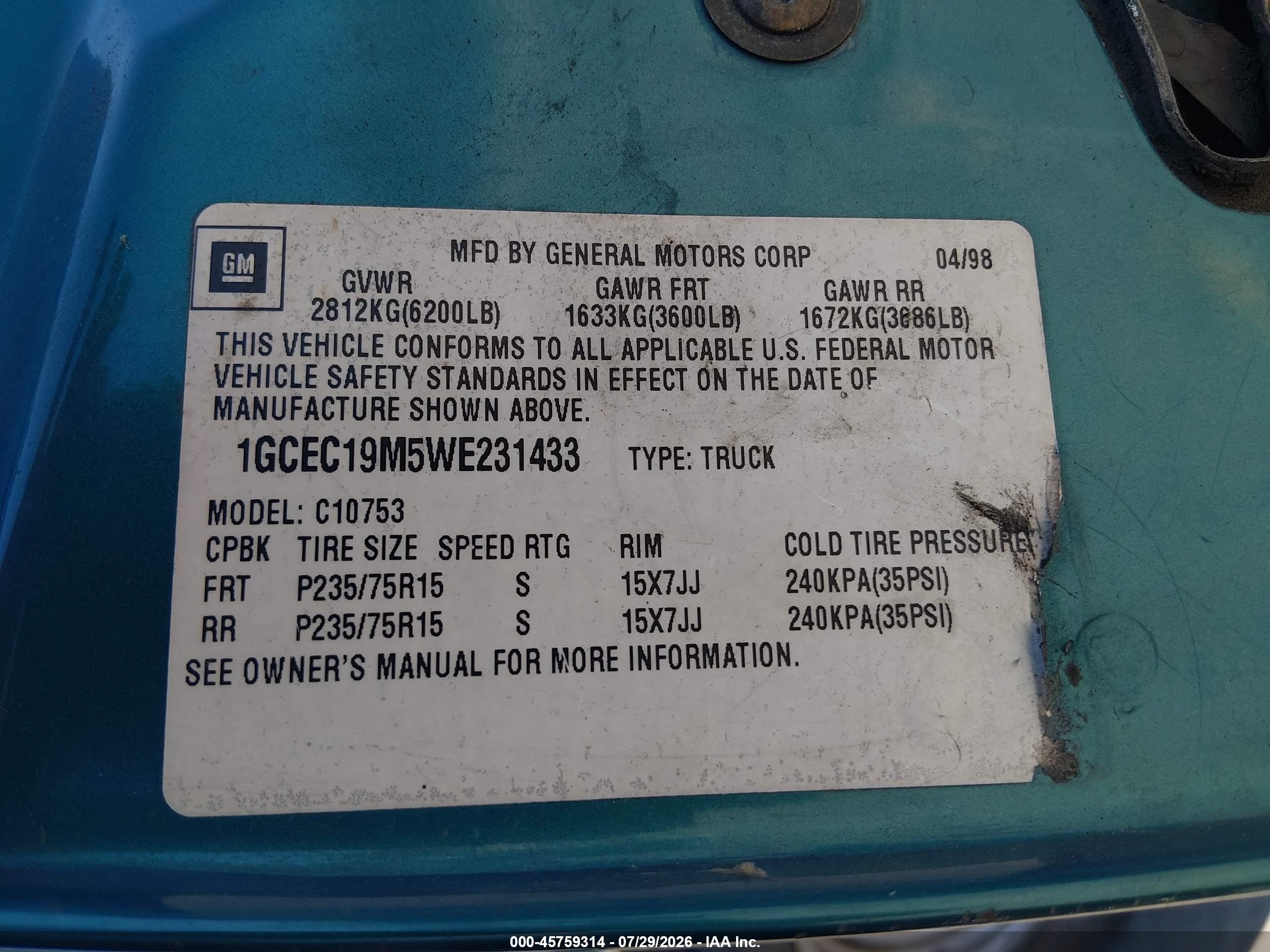 1998 Chevrolet C/k 1500 Fleetside Cmi Green vin: 1GCEC19M5WE231433