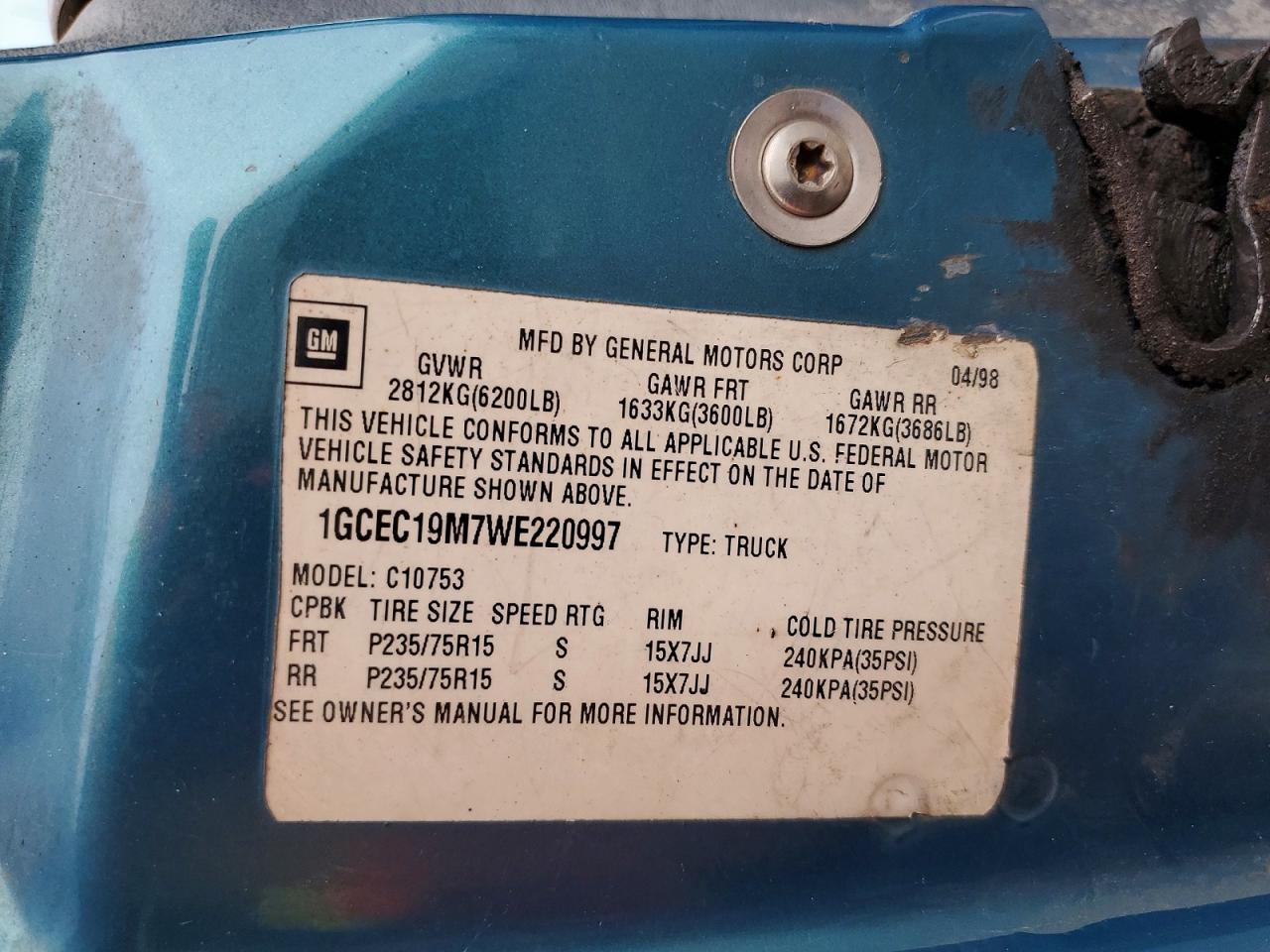 1998 Chevrolet Gmt-400 C1500 Teal vin: 1GCEC19M7WE220997