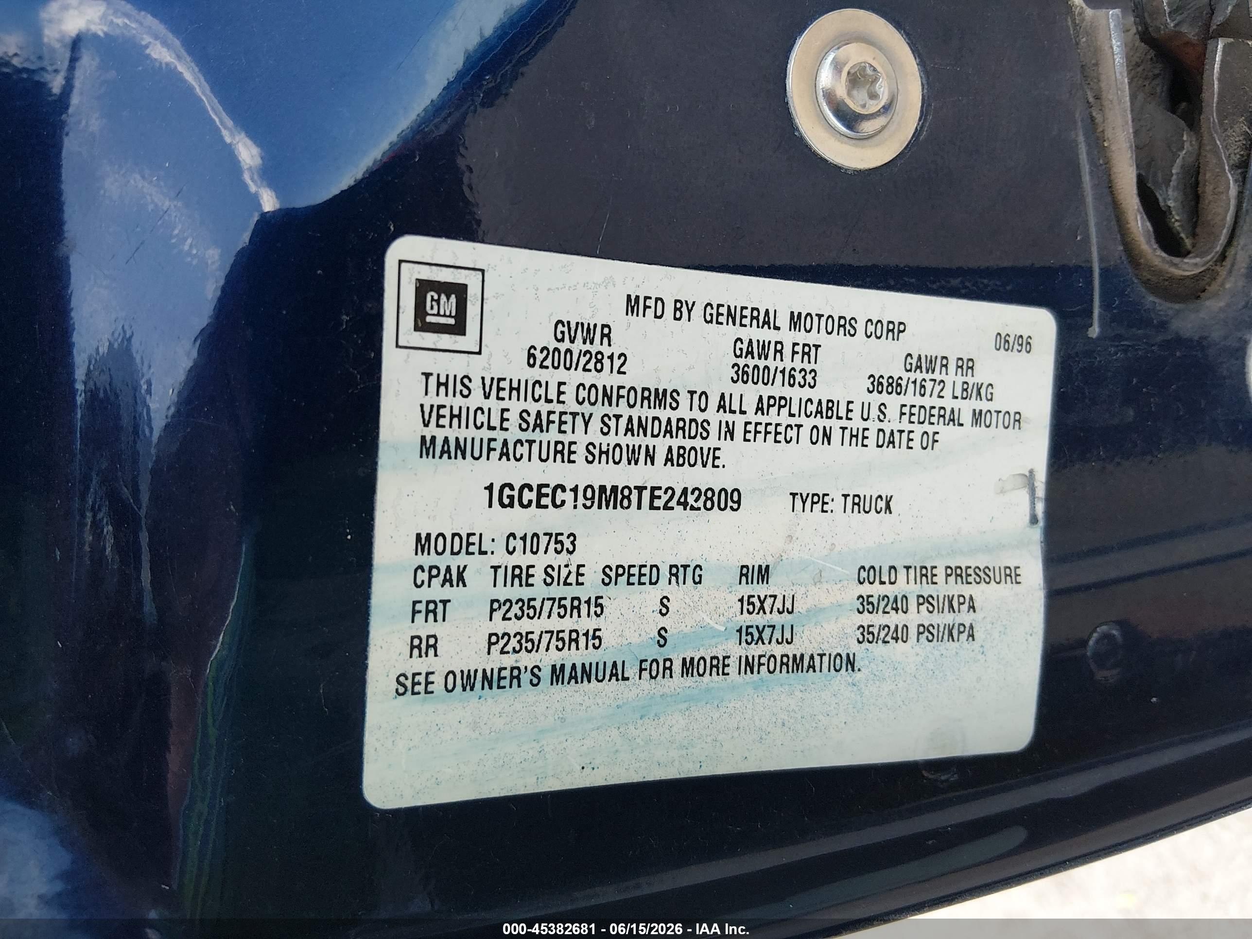 1996 Chevrolet Gmt-400 C1500 Blue vin: 1GCEC19M8TE242809