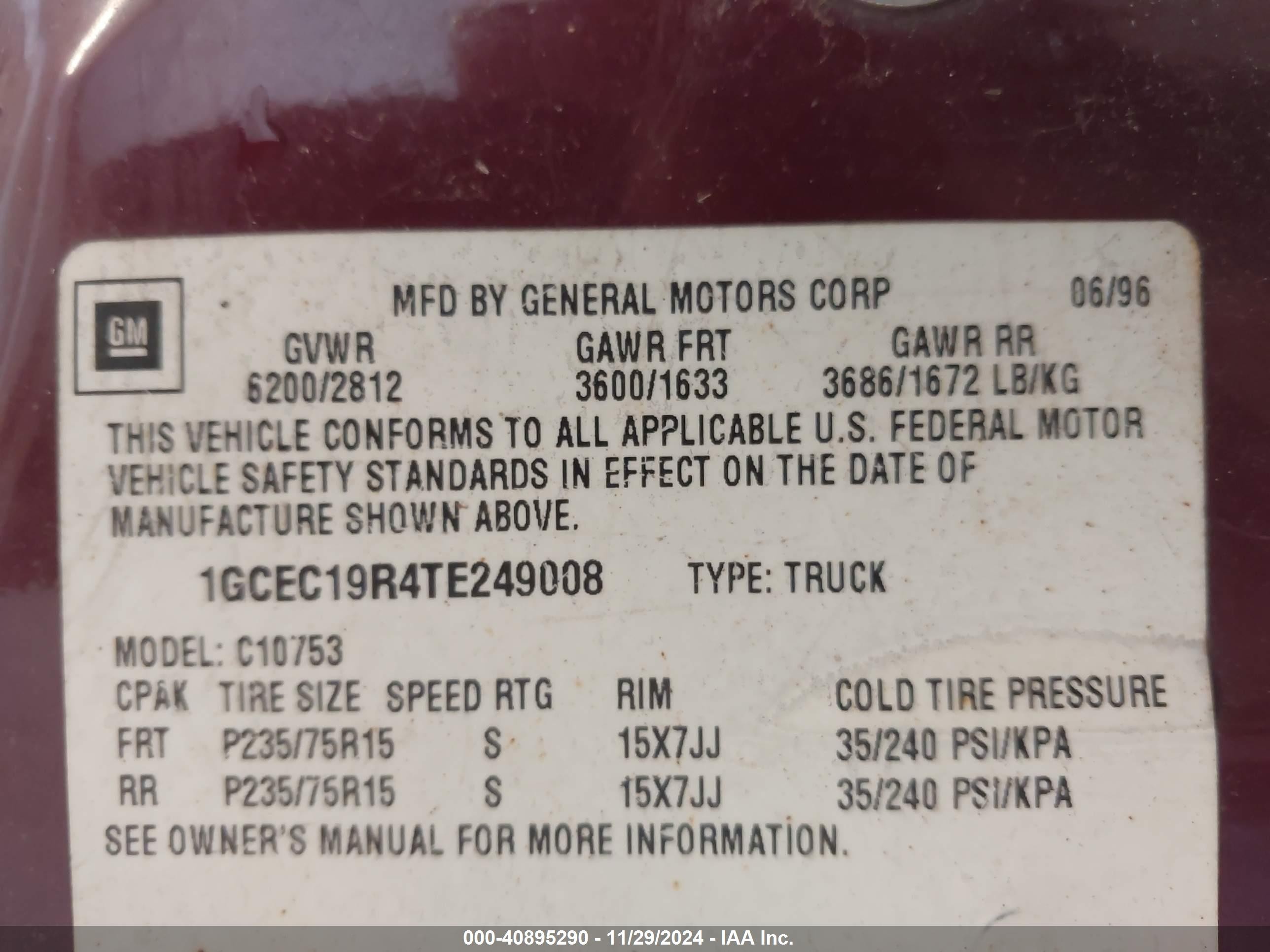 1996 Chevrolet Gmt-400 C1500 Maroon vin: 1GCEC19R4TE249008