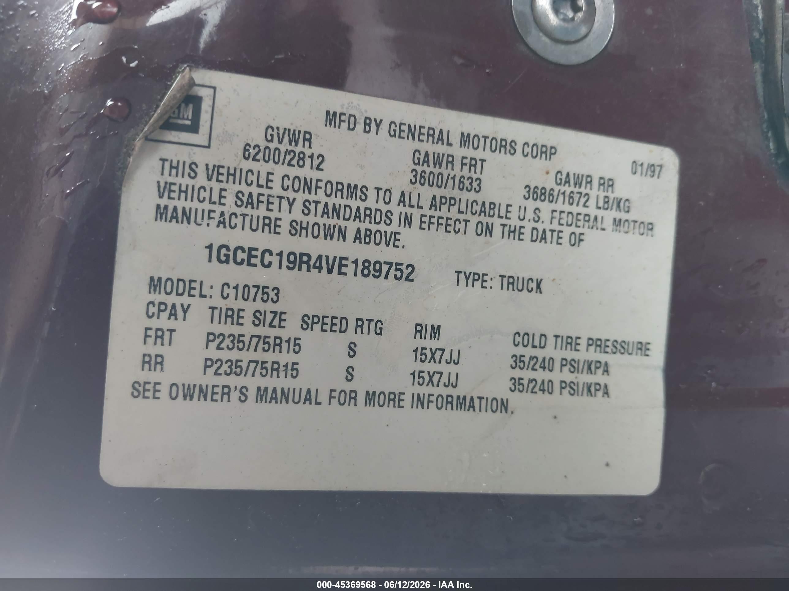 1997 Chevrolet C1500 Fleetside Red vin: 1GCEC19R4VE189752
