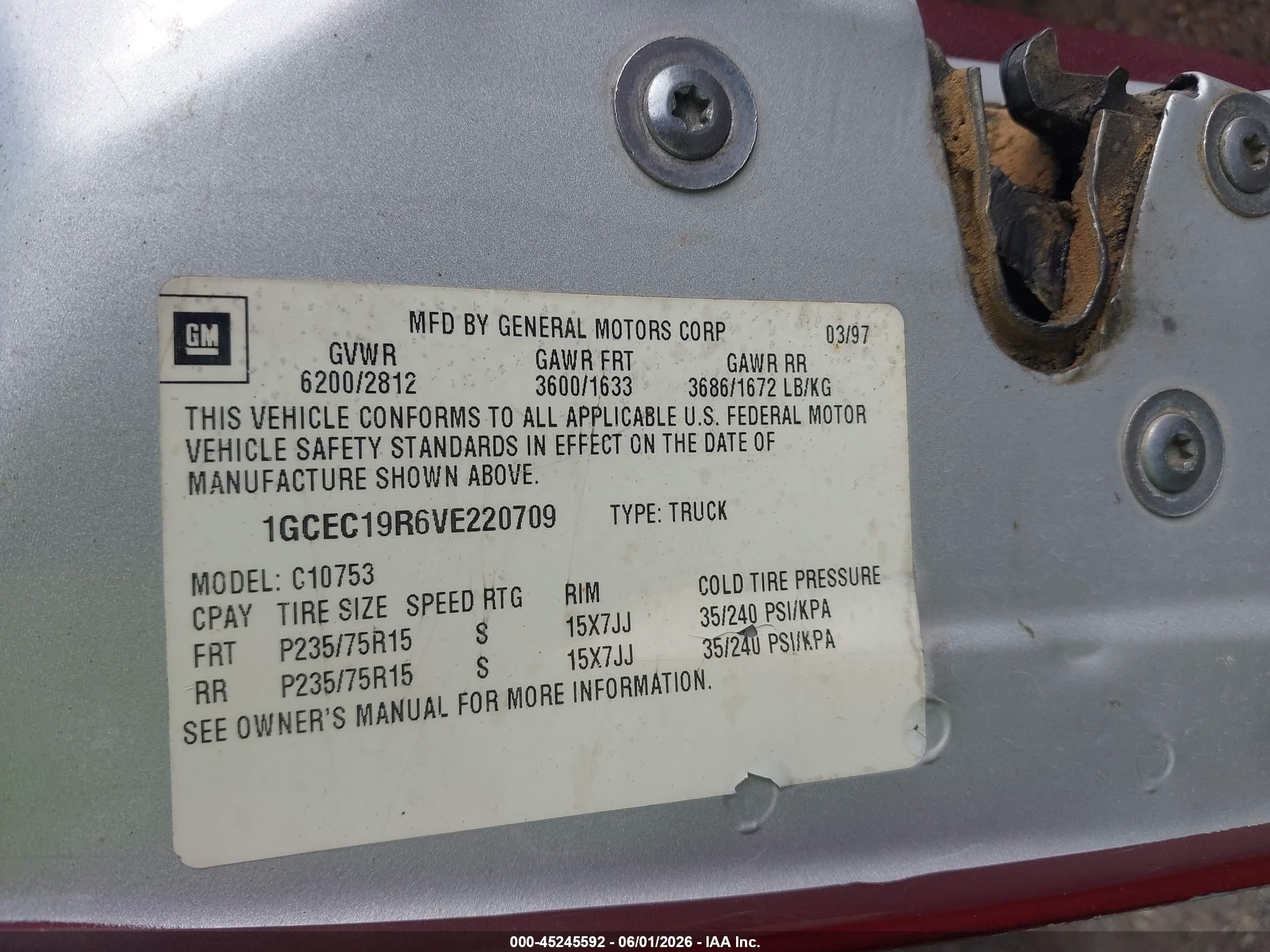 1997 Chevrolet C1500 Fleetside Burgundy vin: 1GCEC19R6VE220709