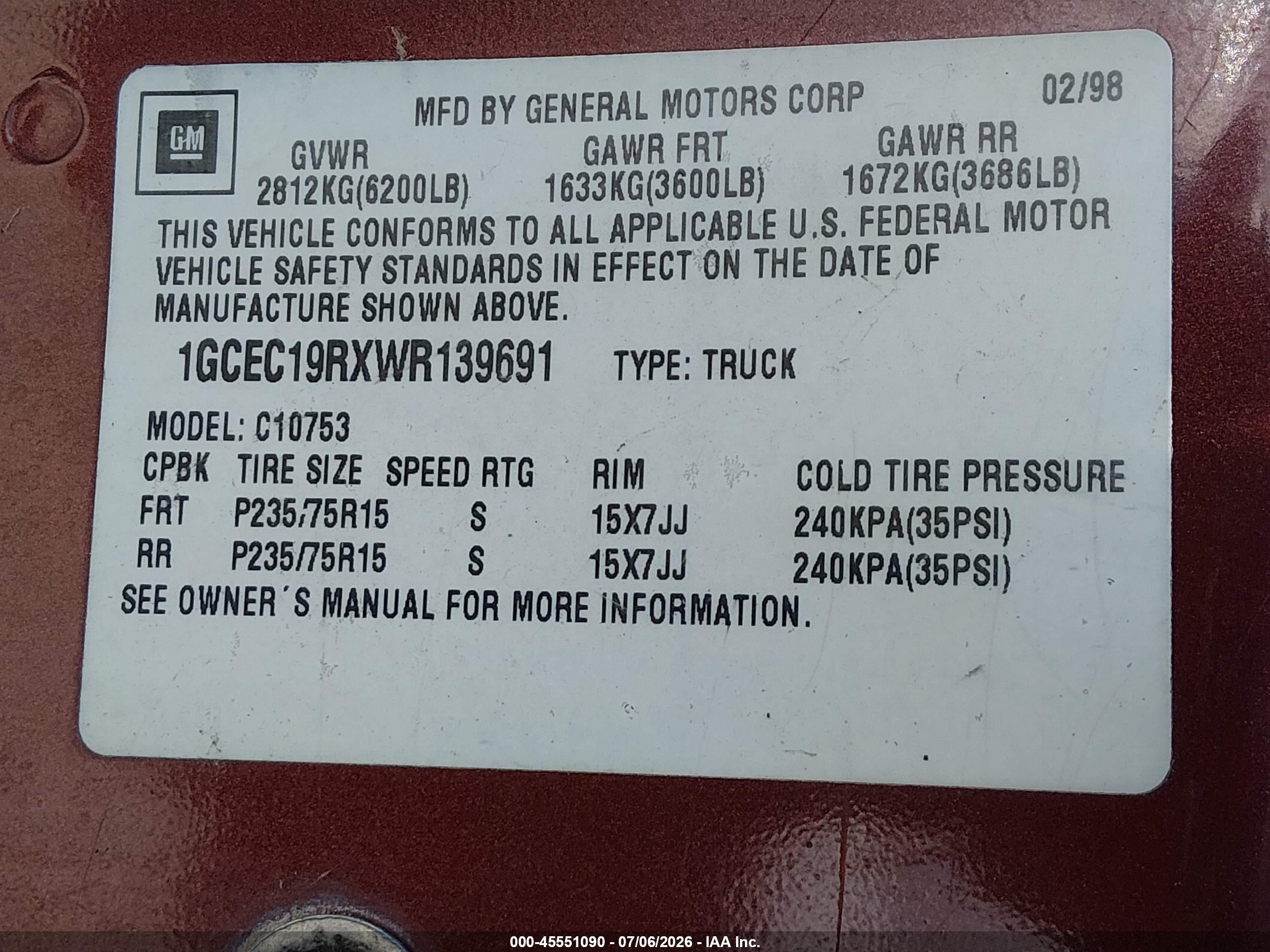 1998 Chevrolet C/k 1500 Fleetside Maroon vin: 1GCEC19RXWR139691