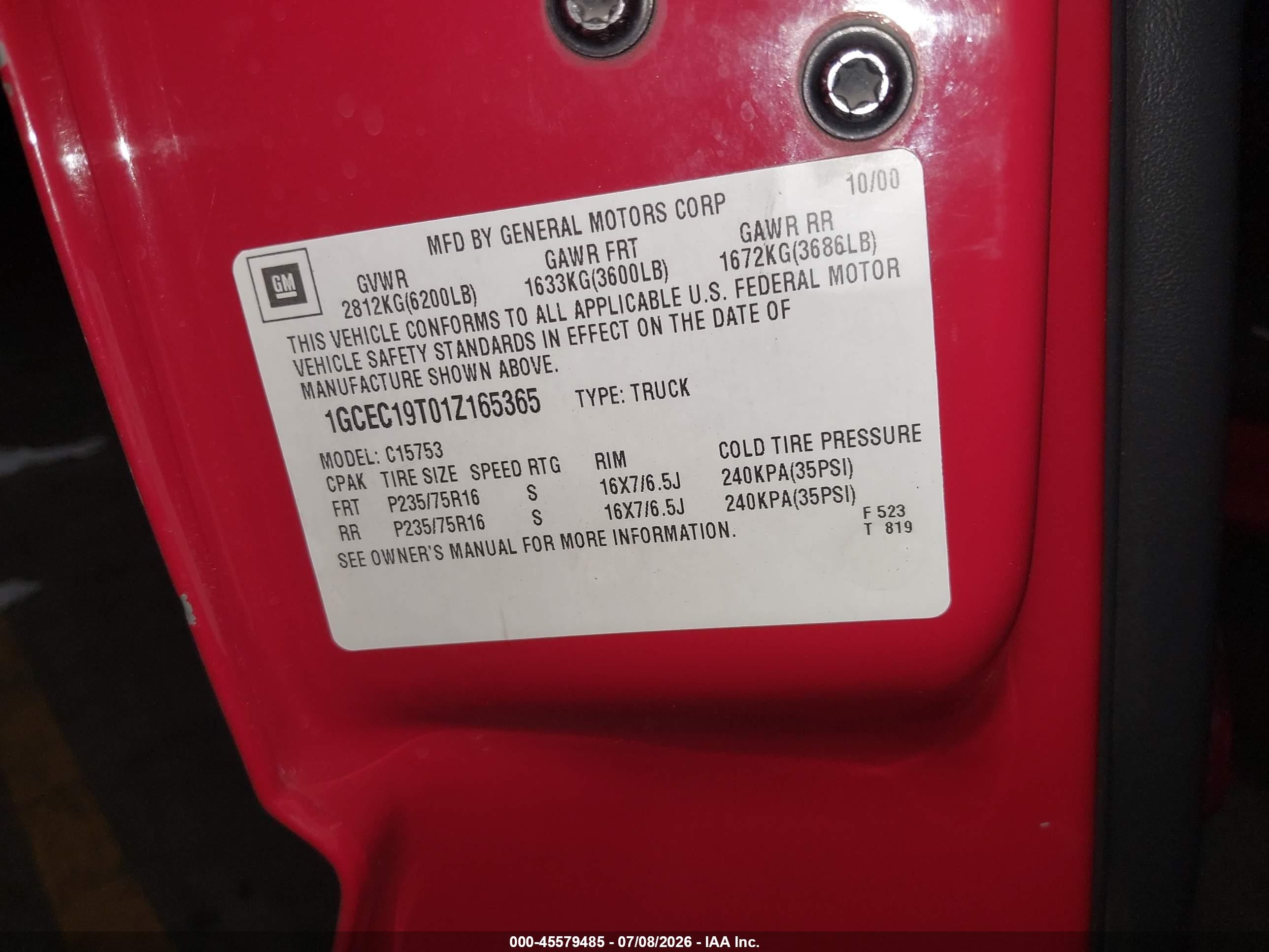 2001 Chevrolet Silverado 1500 Ls Red vin: 1GCEC19T01Z165365