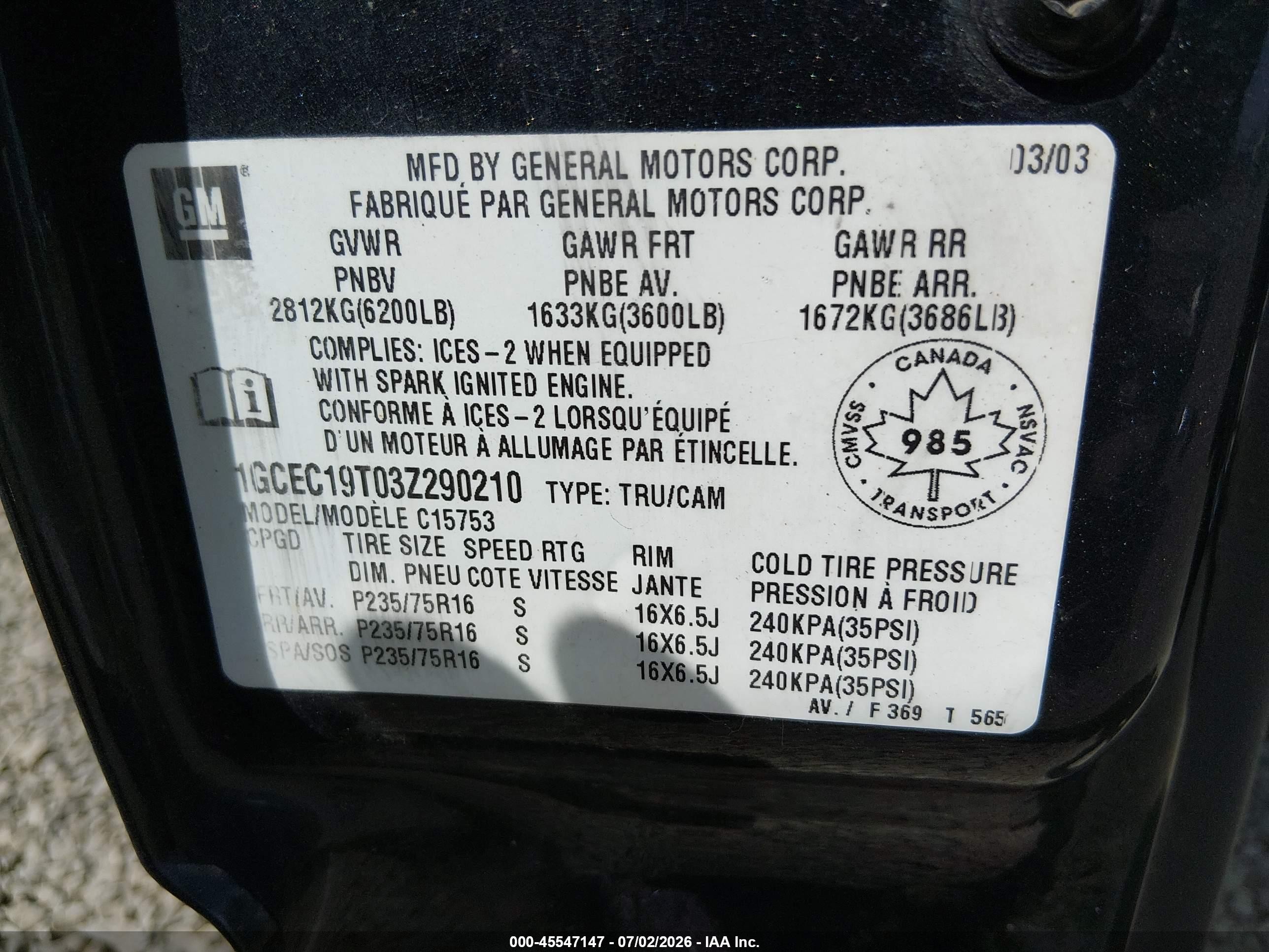 2003 Chevrolet Silverado 1500 Ls/lt Black vin: 1GCEC19T03Z290210