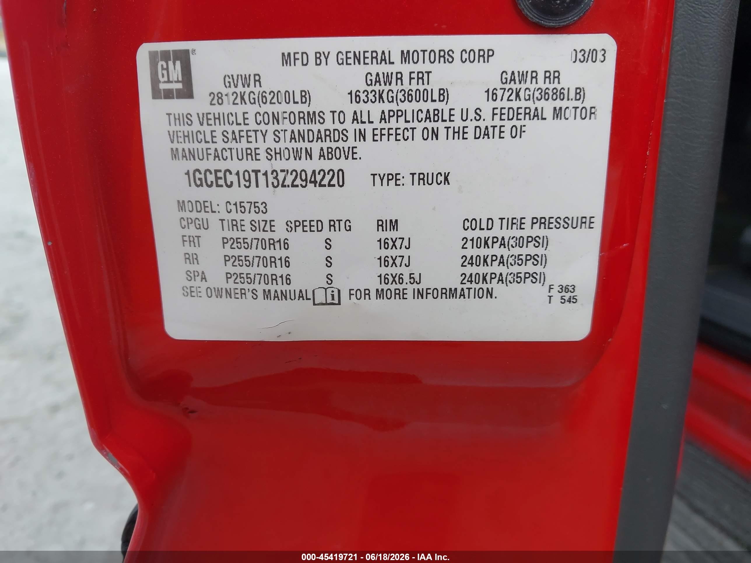 2003 Chevrolet Silverado 1500 Ls Red vin: 1GCEC19T13Z294220