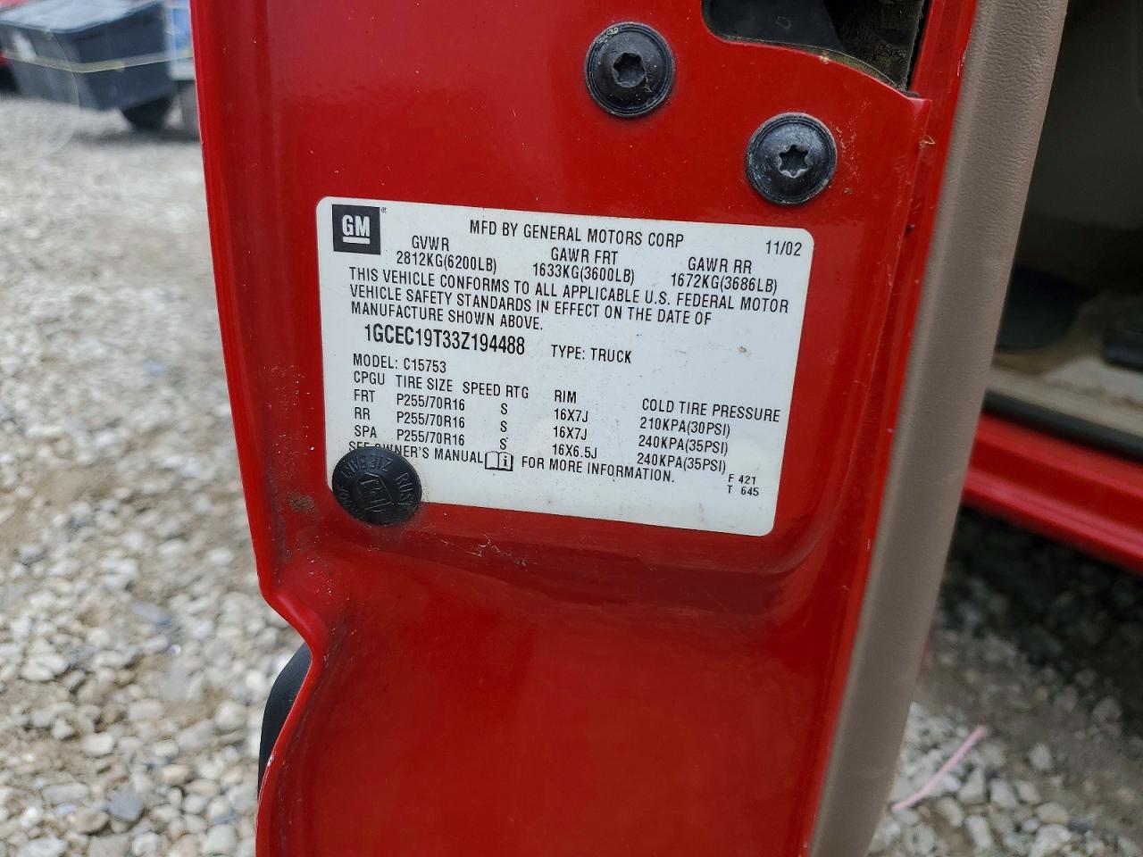 2003 Chevrolet Silverado C1500 Red vin: 1GCEC19T33Z194488