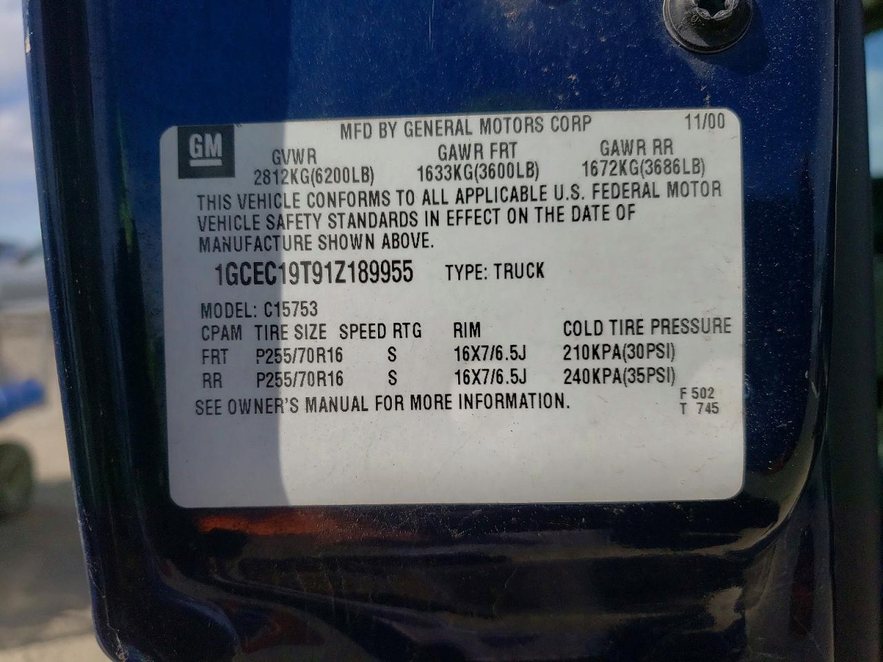 2001 Chevrolet Silverado C1500 Blue vin: 1GCEC19T91Z189955