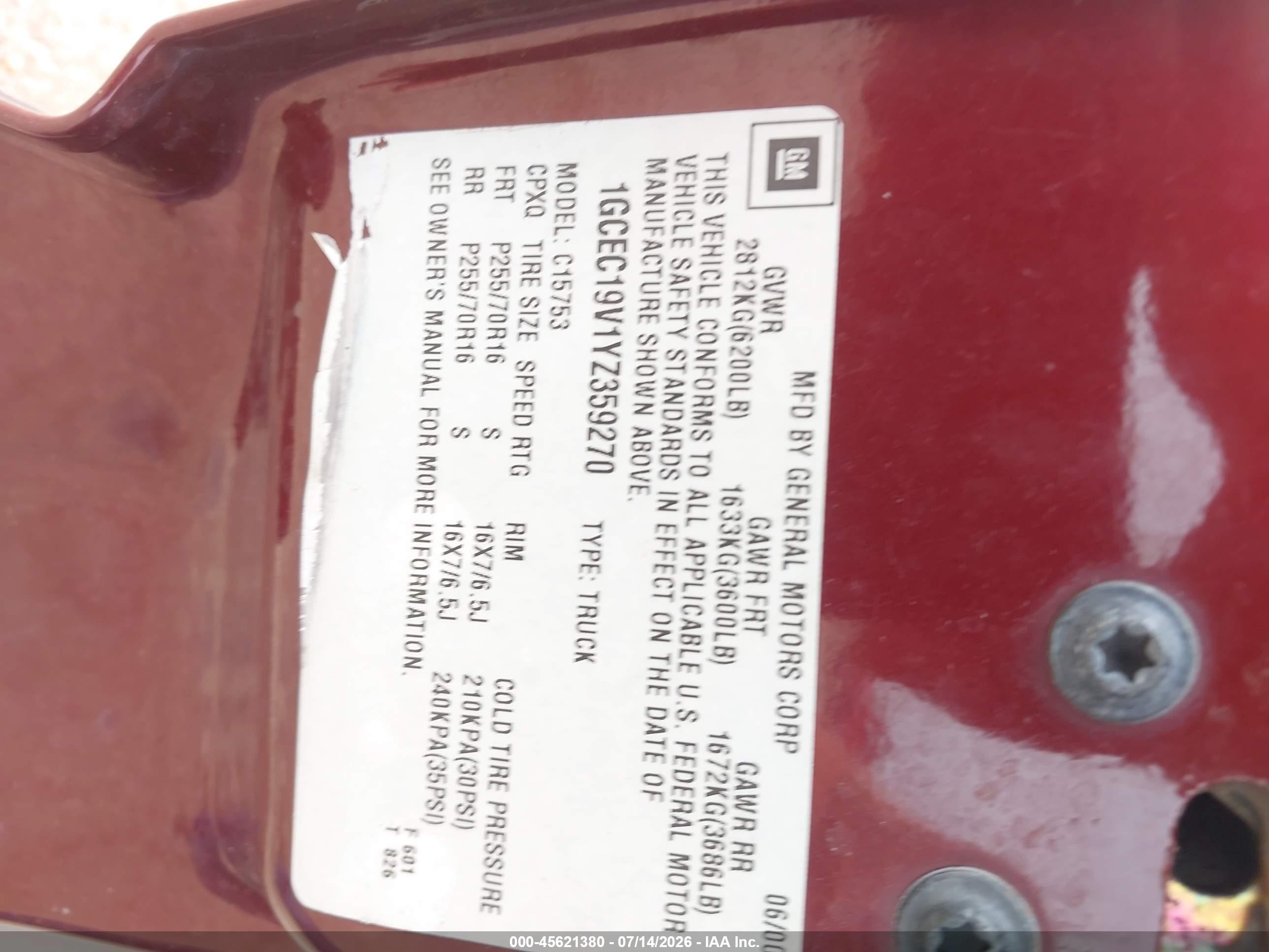 2000 Chevrolet Silverado 1500 Ls Red vin: 1GCEC19V1YZ359270