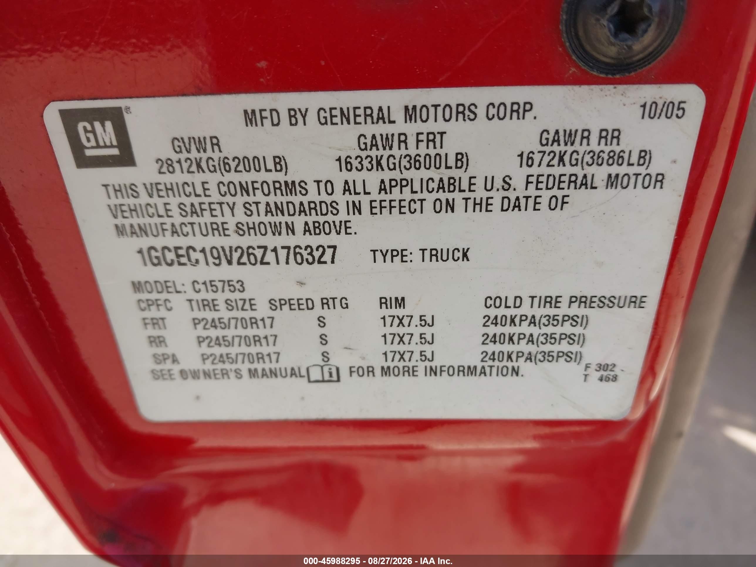 2006 Chevrolet Silverado 1500 Lt1 Red vin: 1GCEC19V26Z176327