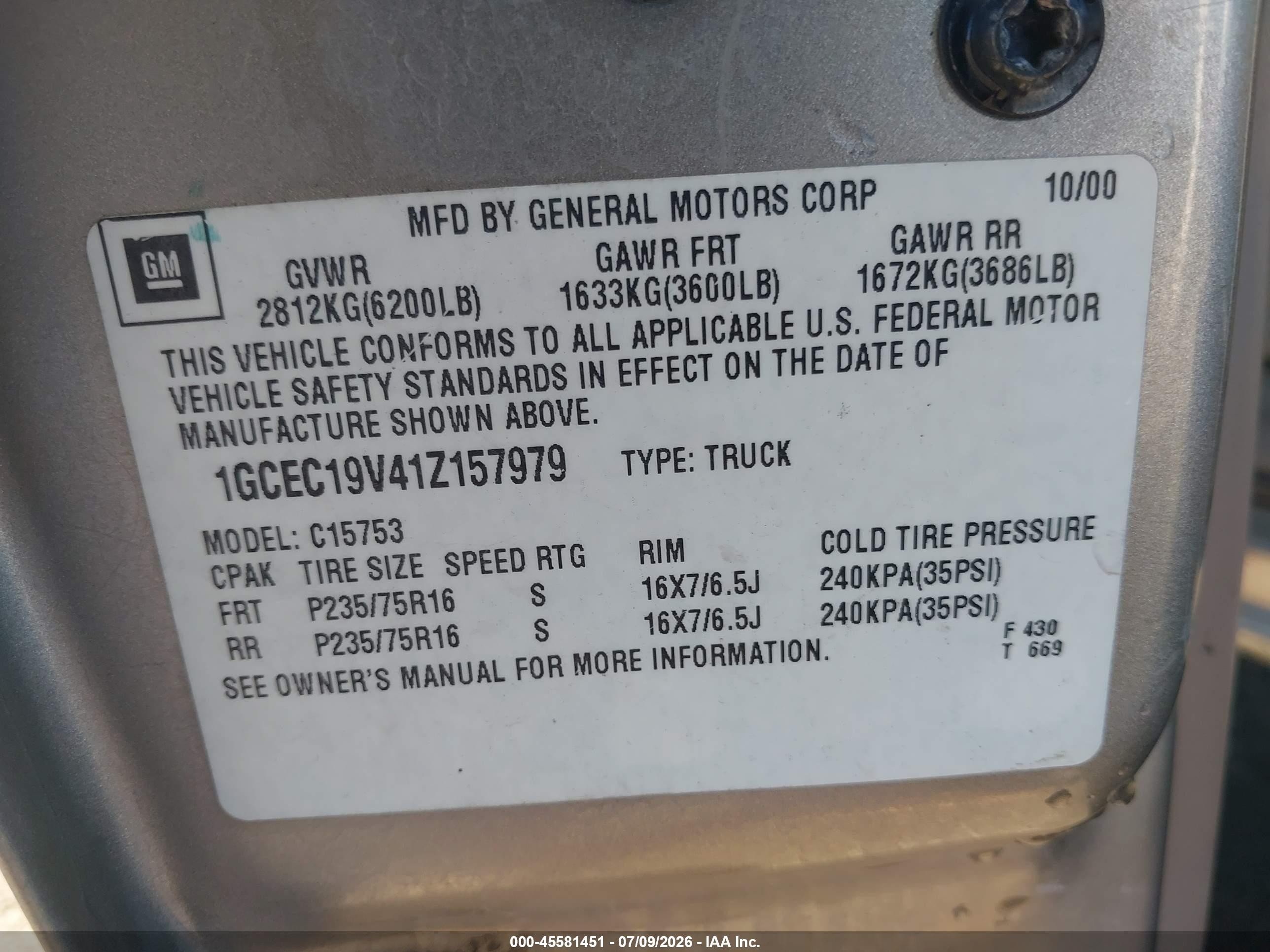2001 Chevrolet Silverado 1500 Ls Gray vin: 1GCEC19V41Z157979