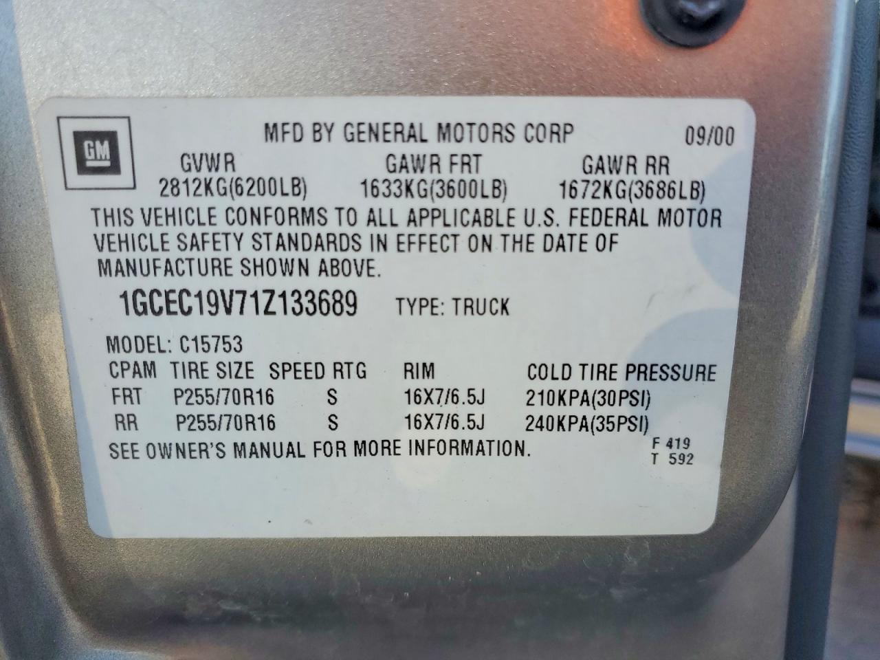 2001 Chevrolet Silverado C1500 Burn vin: 1GCEC19V71Z133689
