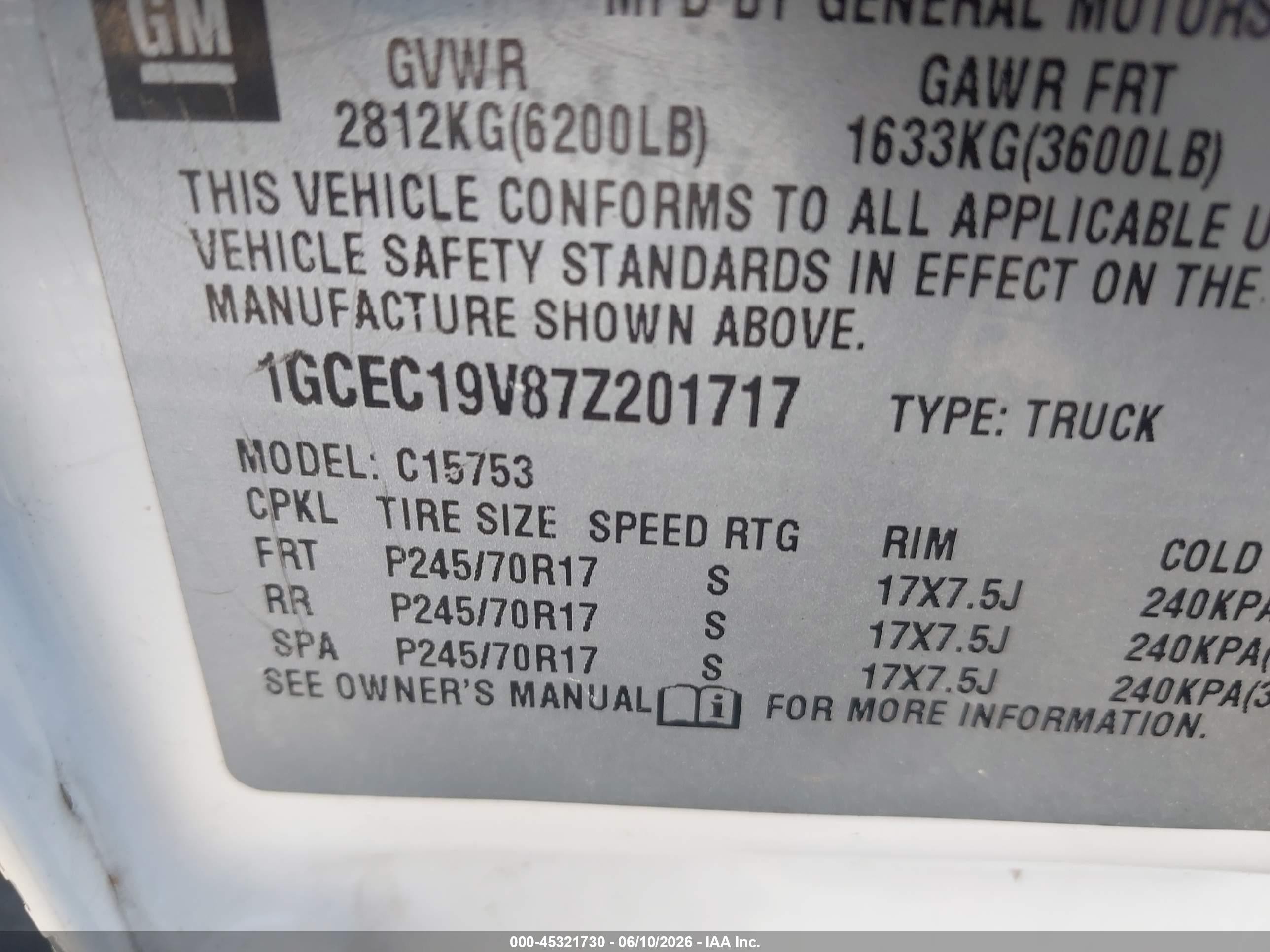 2007 Chevrolet Silverado 1500 Classic Work Truck White vin: 1GCEC19V87Z201717