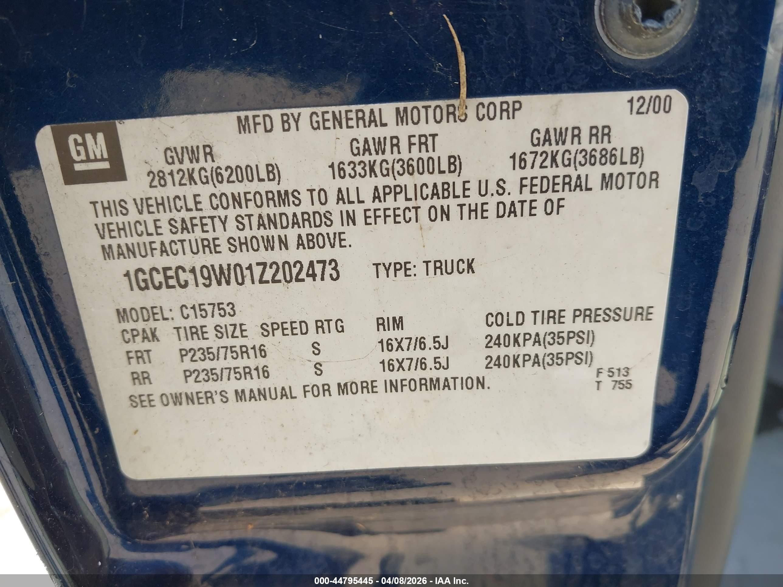 2001 Chevrolet Silverado 1500 Ls Blue vin: 1GCEC19W01Z202473