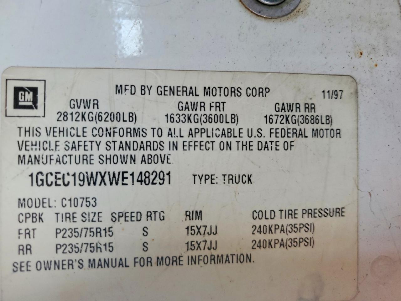 1998 Chevrolet Gmt-400 C1500 White vin: 1GCEC19WXWE148291