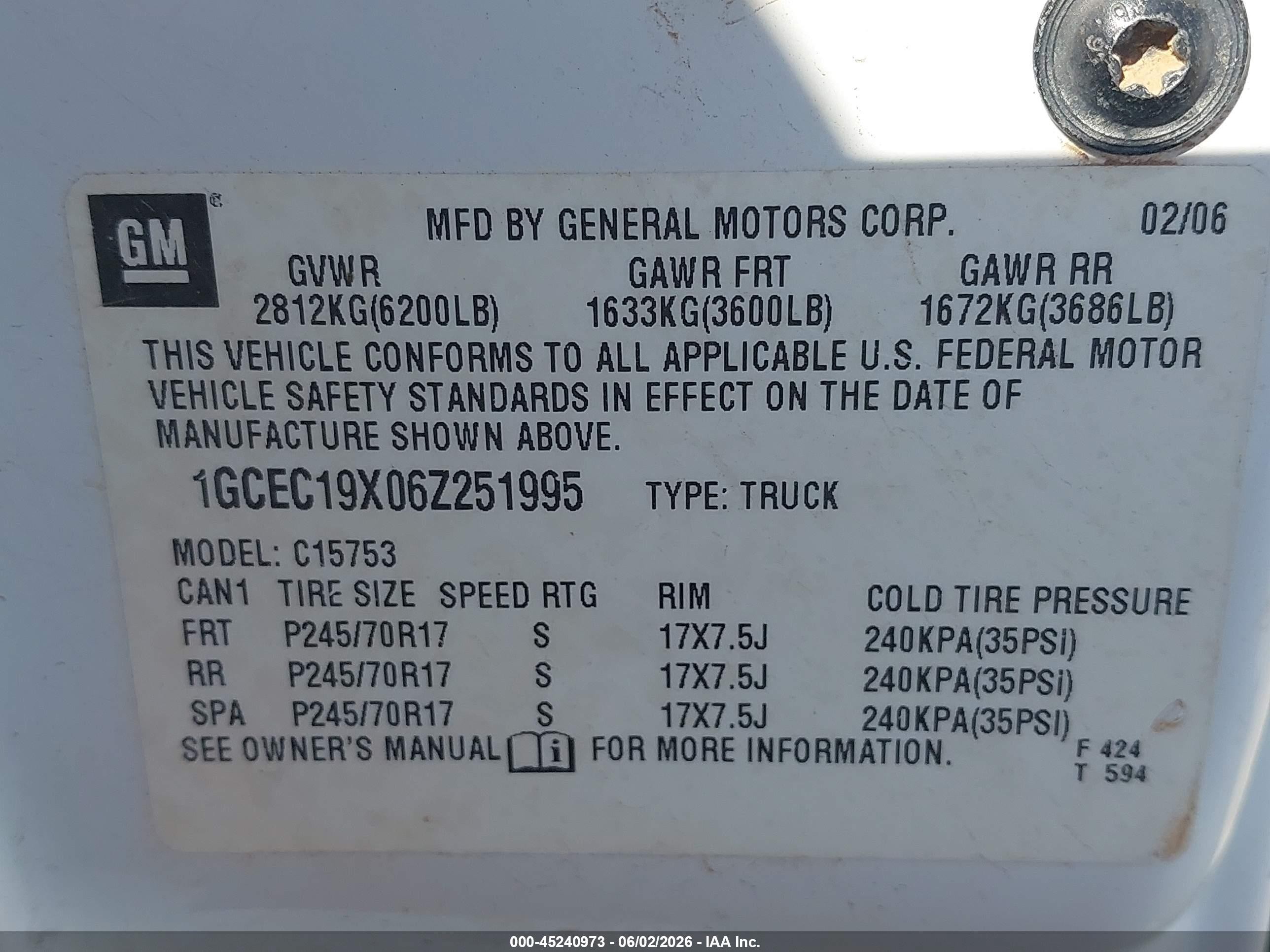 2006 Chevrolet Silverado 1500 Work Truck White vin: 1GCEC19X06Z251995