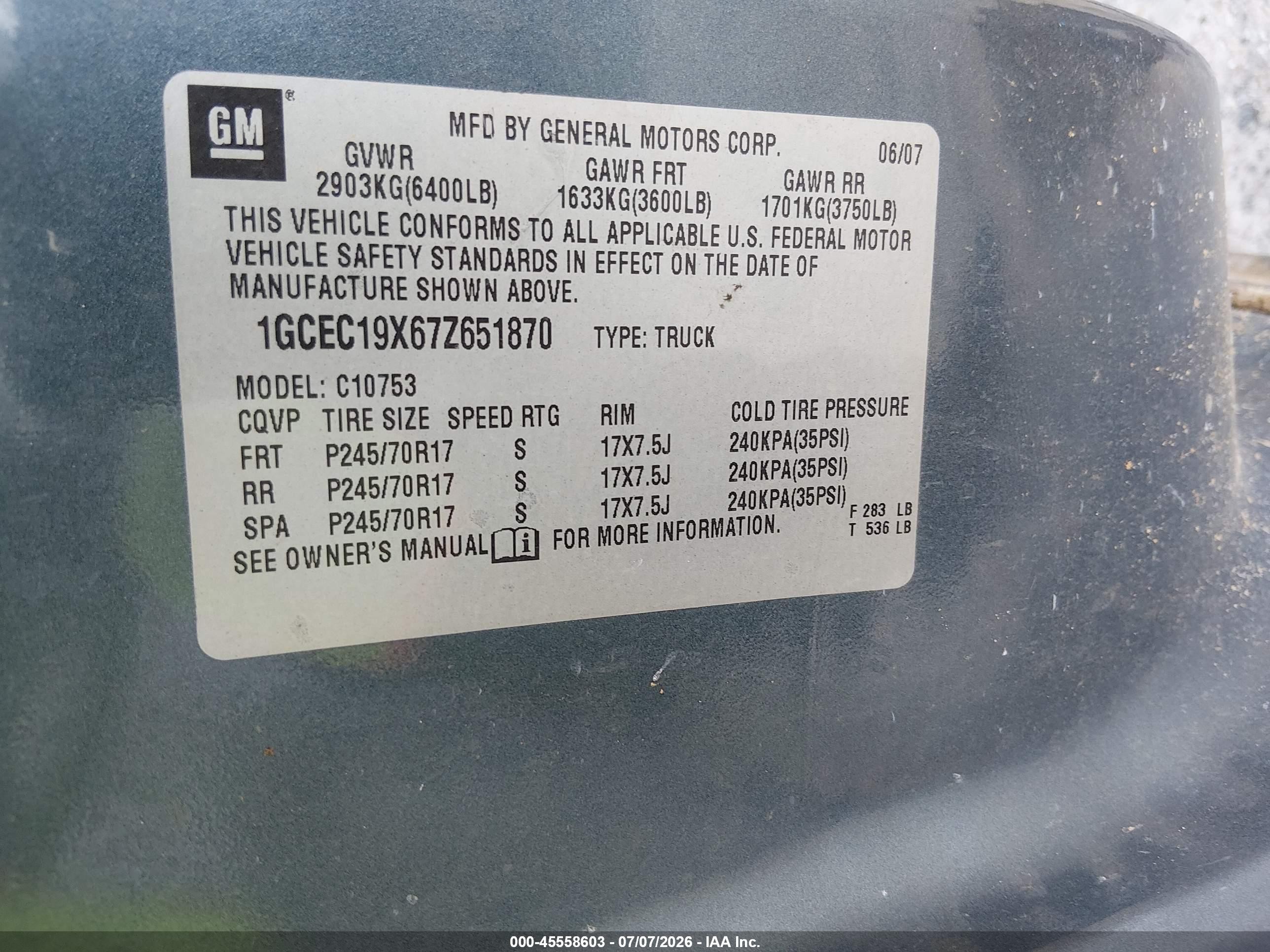 2007 Chevrolet Silverado 1500 Work Truck Blue vin: 1GCEC19X67Z651870