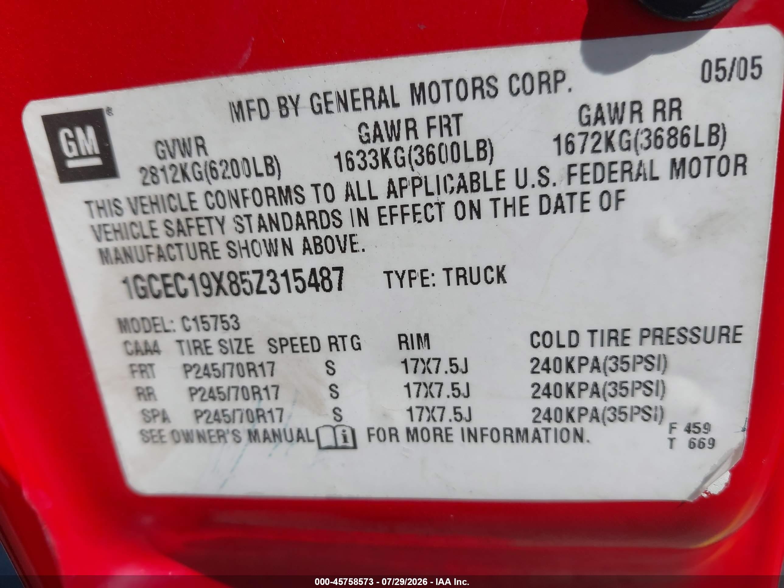 2005 Chevrolet Silverado 1500 Work Truck Red vin: 1GCEC19X85Z315487
