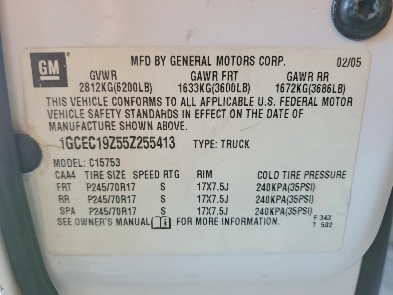 2005 Chevrolet Silverado C1500 White vin: 1GCEC19Z55Z255413