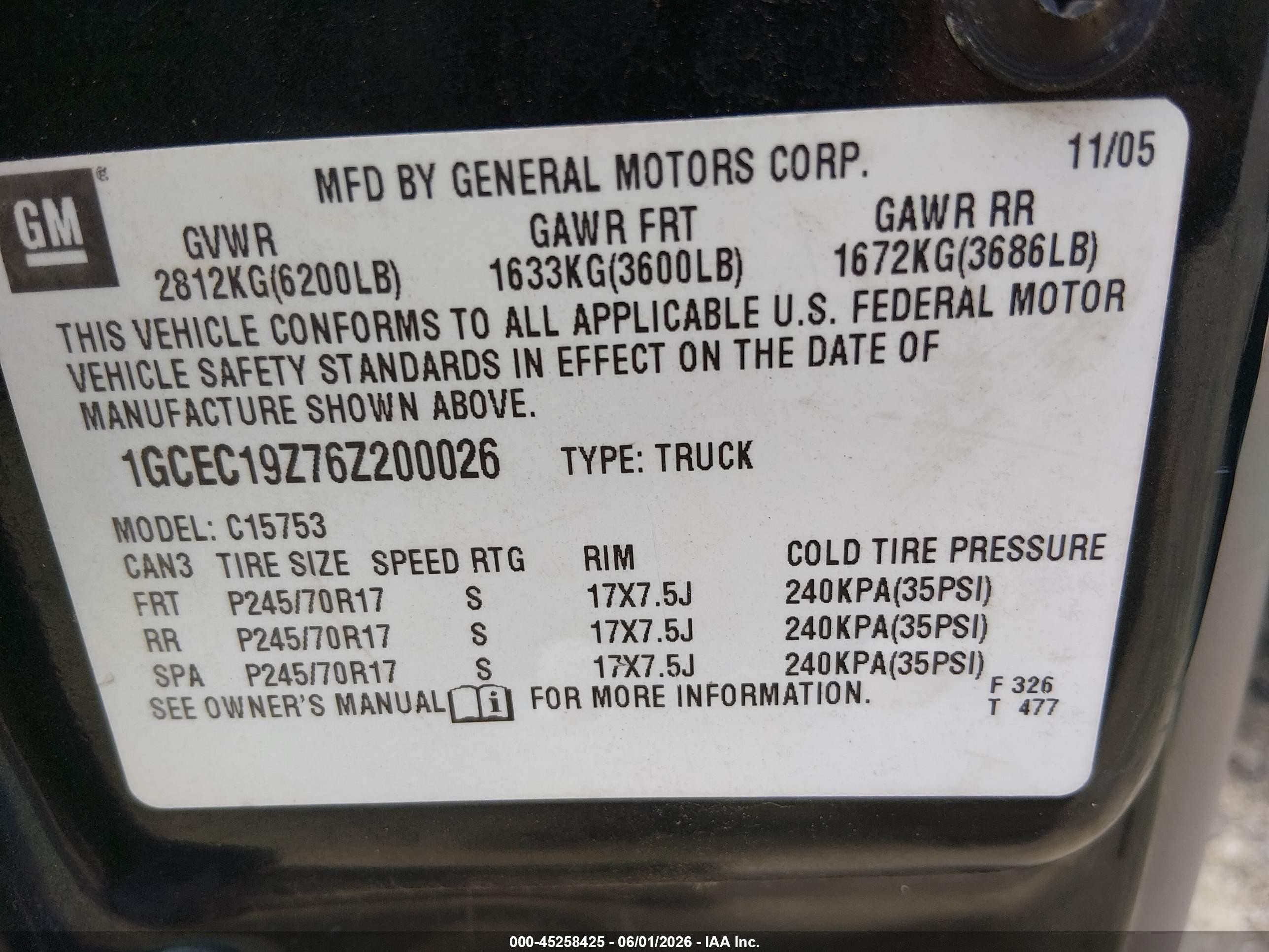2006 Chevrolet Silverado 1500 Lt3 Green vin: 1GCEC19Z76Z200026