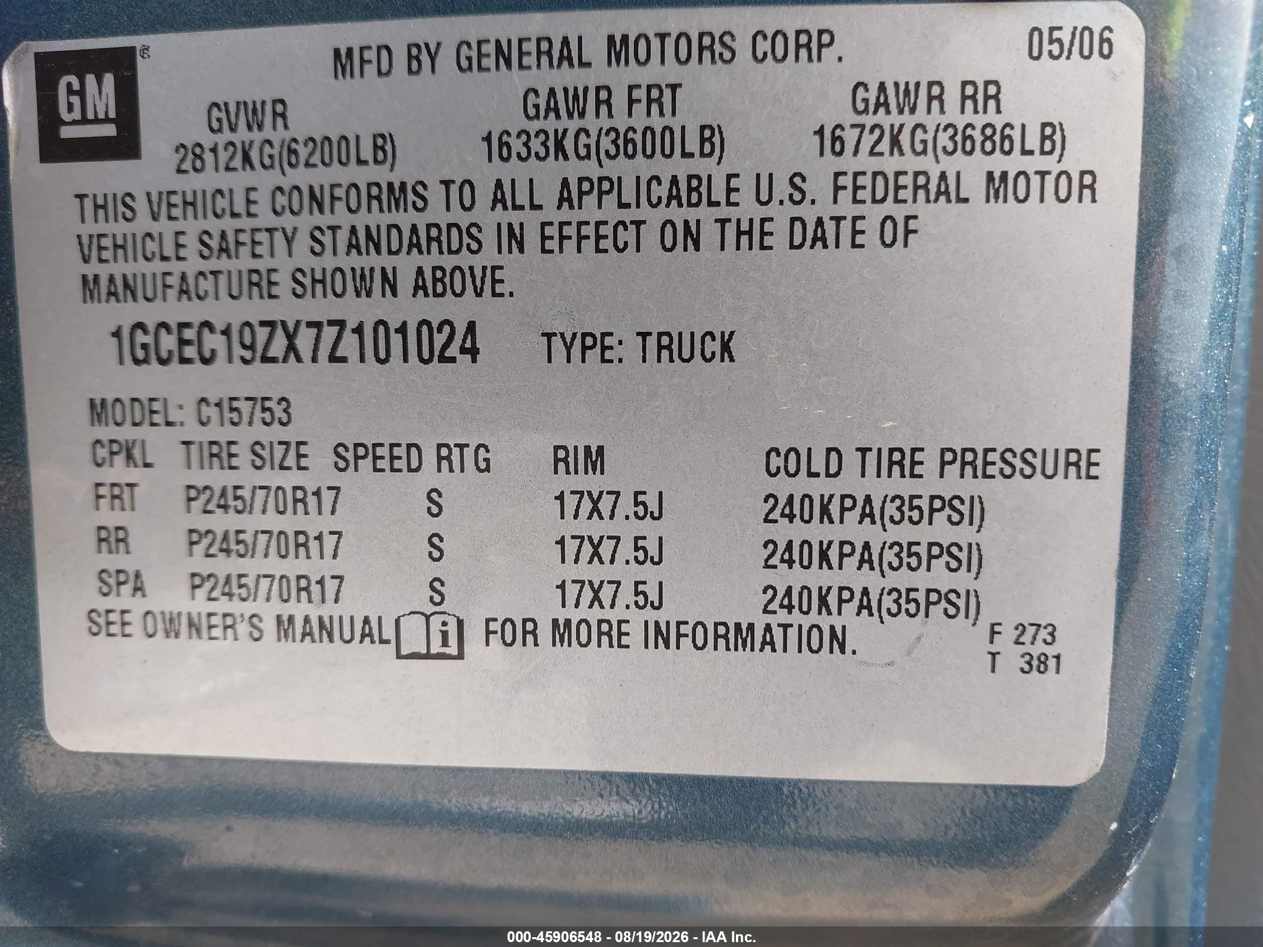 2007 Chevrolet Silverado 1500 Classic Lt1 Light Blue vin: 1GCEC19ZX7Z101024