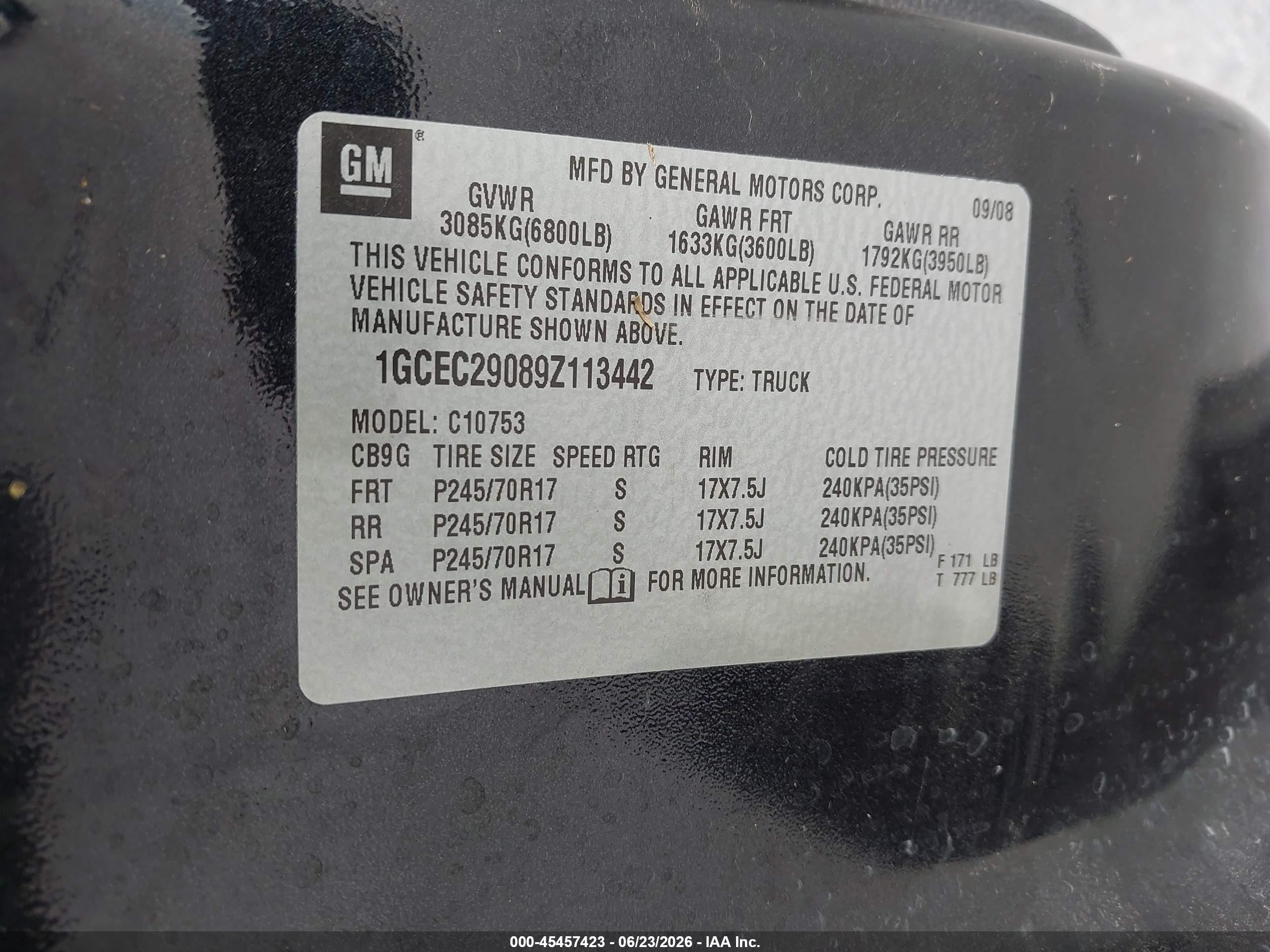 2009 Chevrolet Silverado 1500 Lt Black vin: 1GCEC29089Z113442