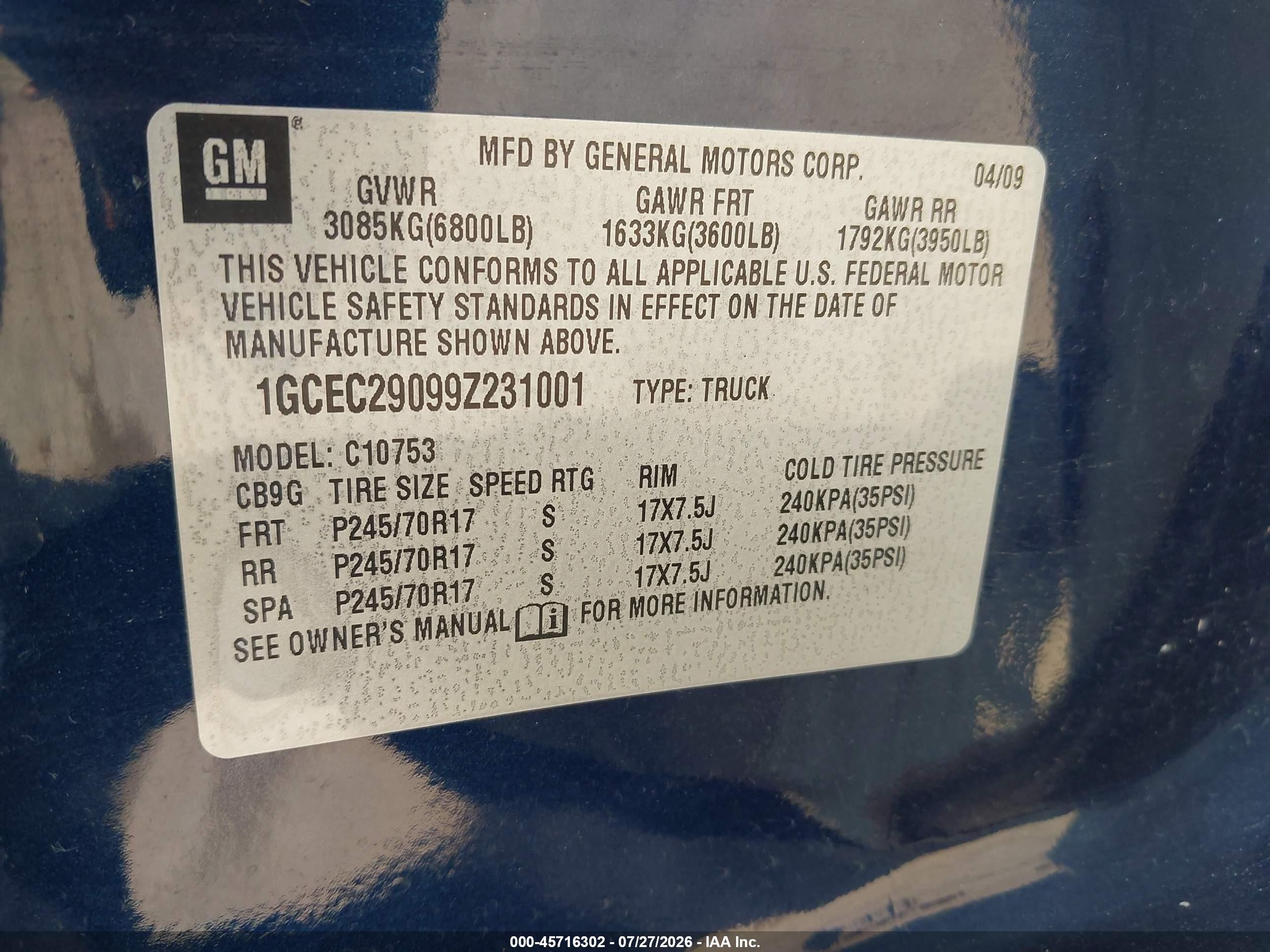 2009 Chevrolet Silverado 1500 Lt Dark Blue vin: 1GCEC29099Z231001
