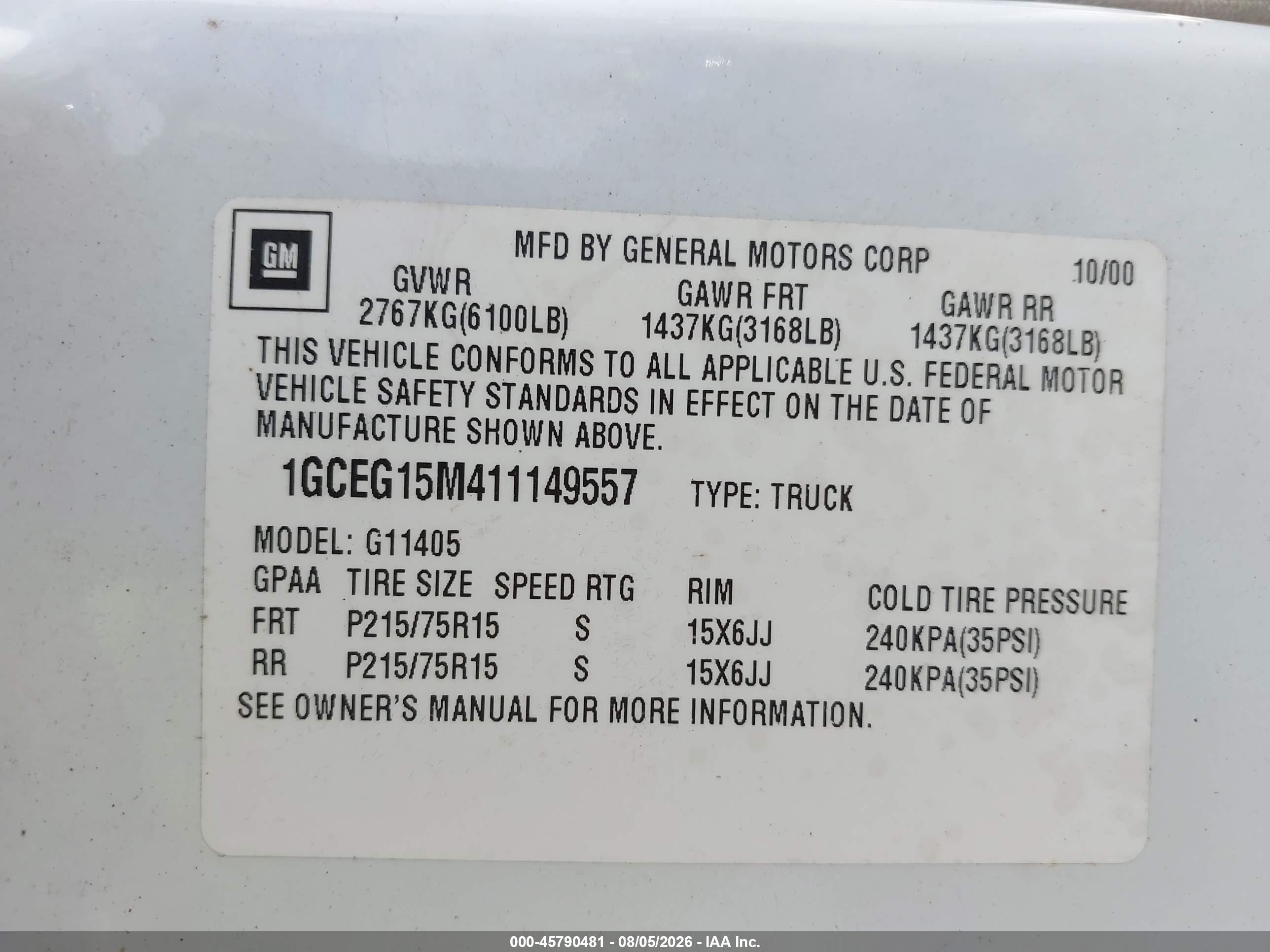 2001 Chevrolet Express   White vin: 1GCEG15M411149557