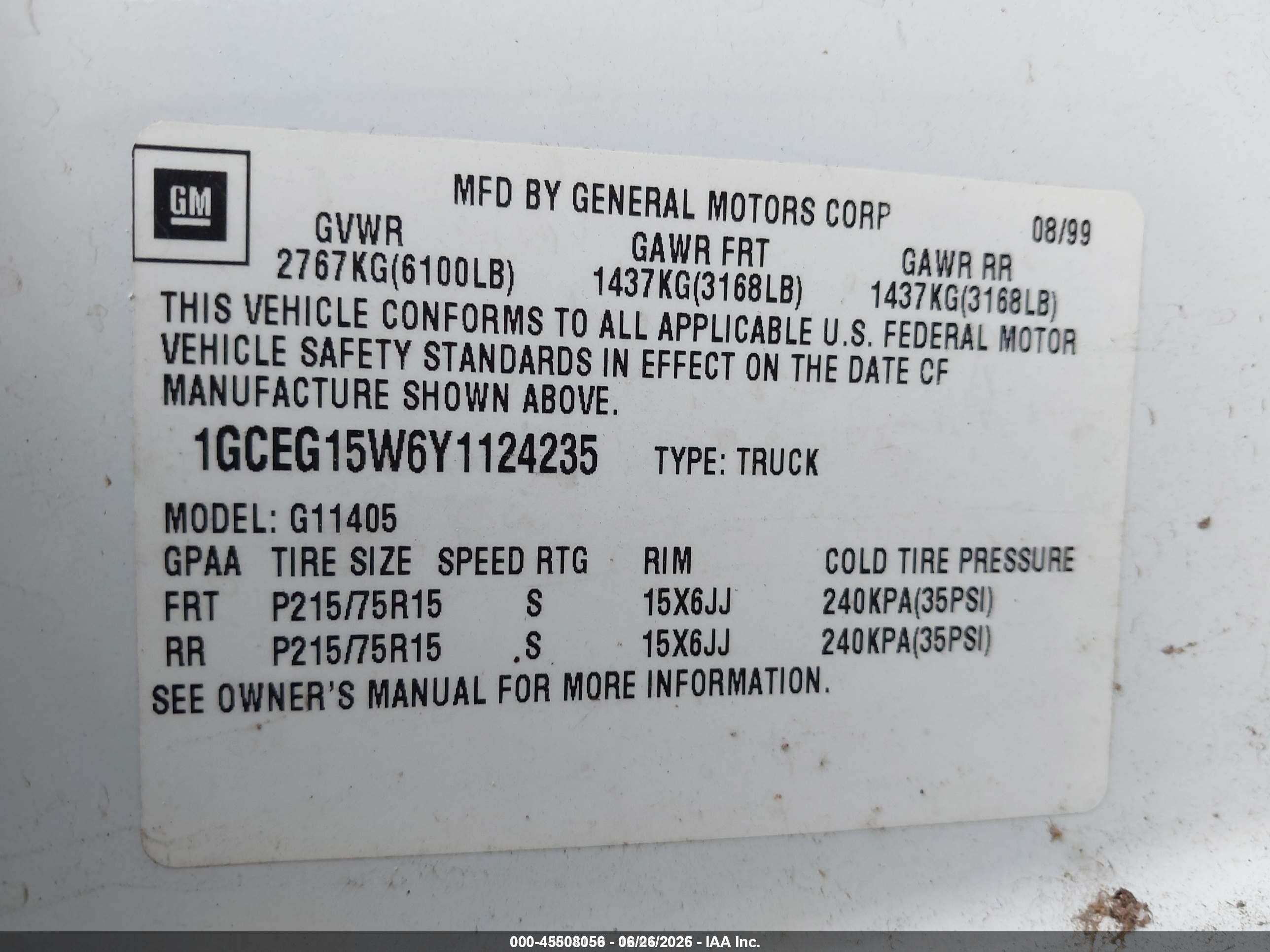 2000 Chevrolet Express   White vin: 1GCEG15W6Y1124235