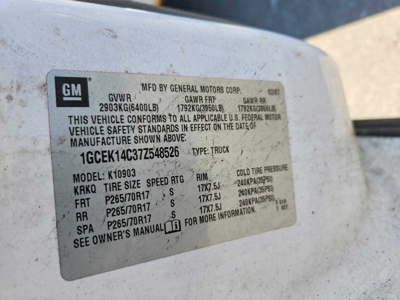 2007 Chevrolet Silverado K1500 Белый vin: 1GCEK14C37Z548526