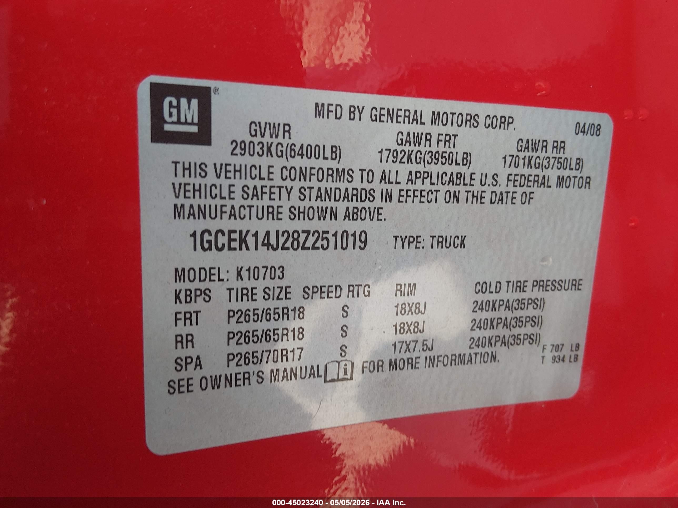 2008 Chevrolet Silverado 1500 Lt1 Красный vin: 1GCEK14J28Z251019
