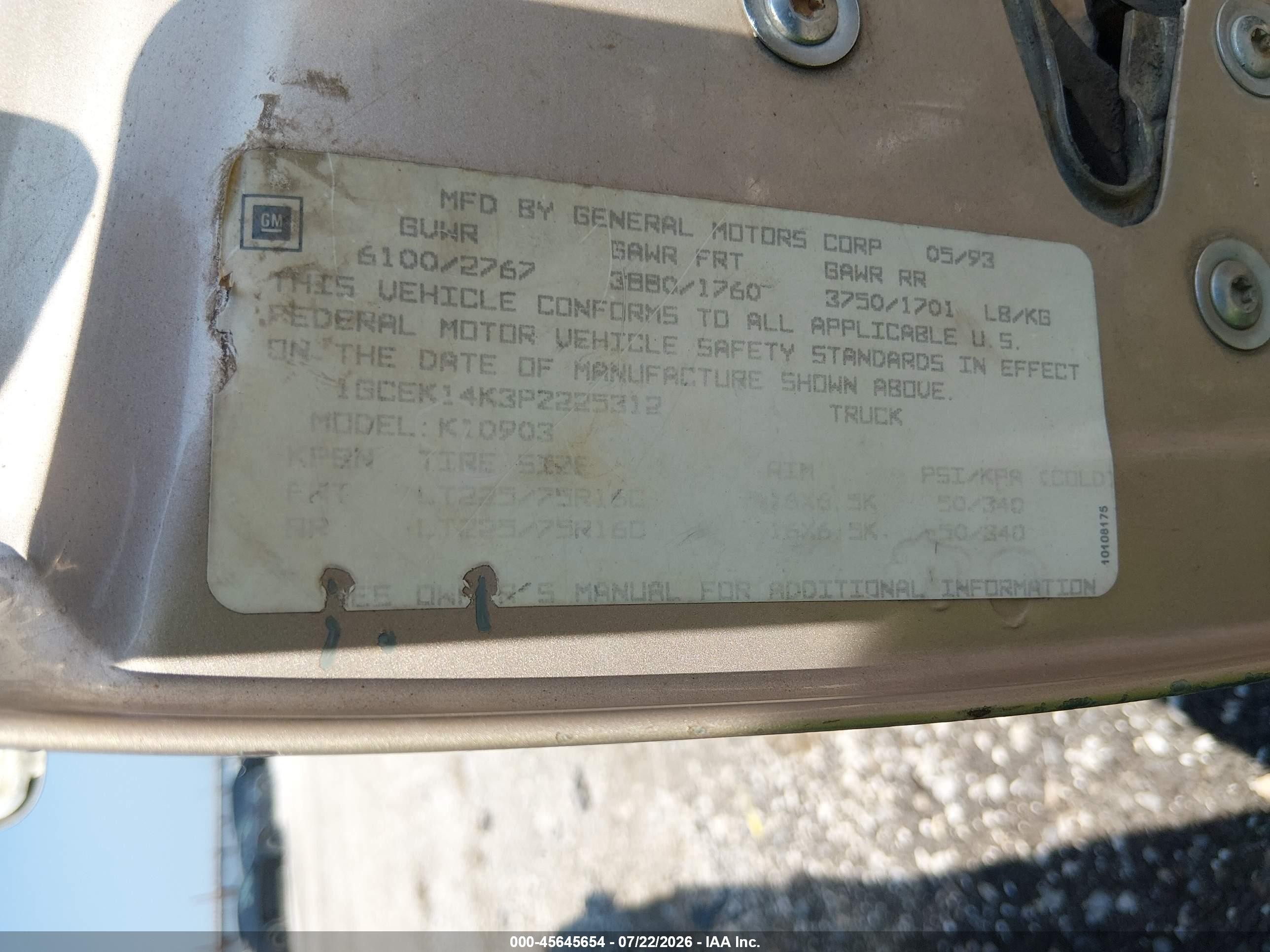 1993 Chevrolet Gmt-400 K1500 Beige vin: 1GCEK14K3PZ225312