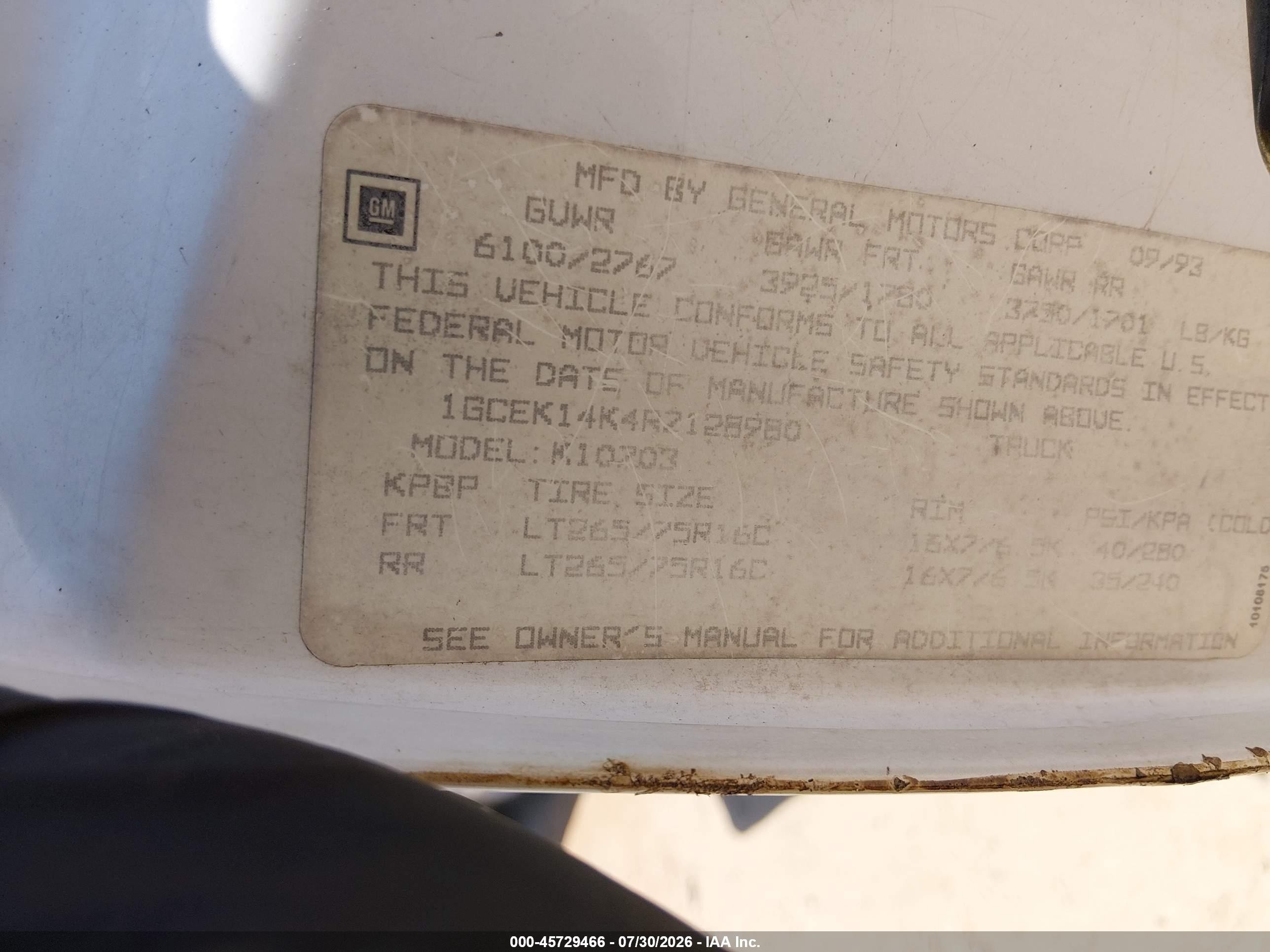 1994 Chevrolet Gmt-400 K1500 White vin: 1GCEK14K4RZ128980