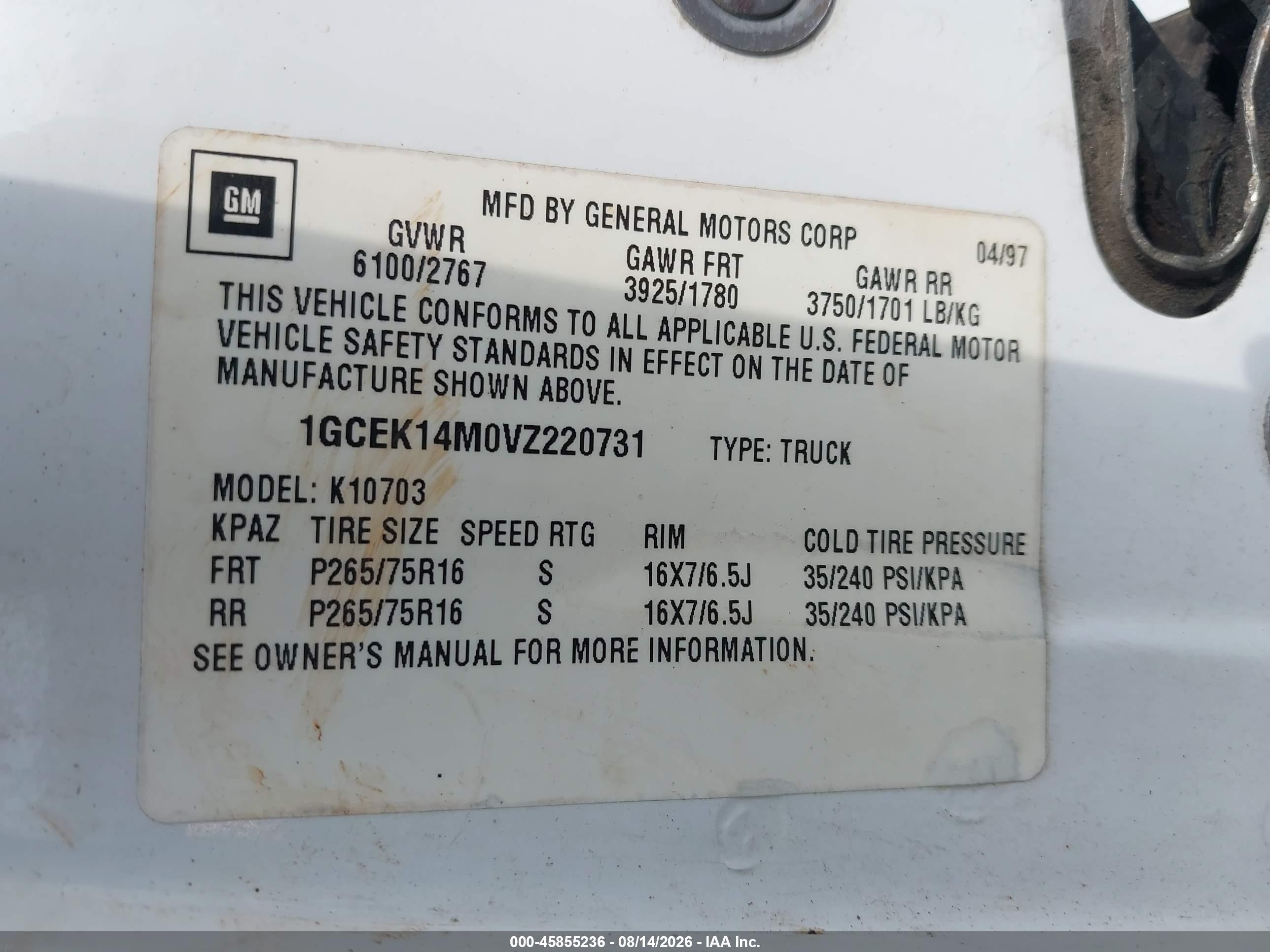 1997 Chevrolet K1500 Fleetside White vin: 1GCEK14M0VZ220731