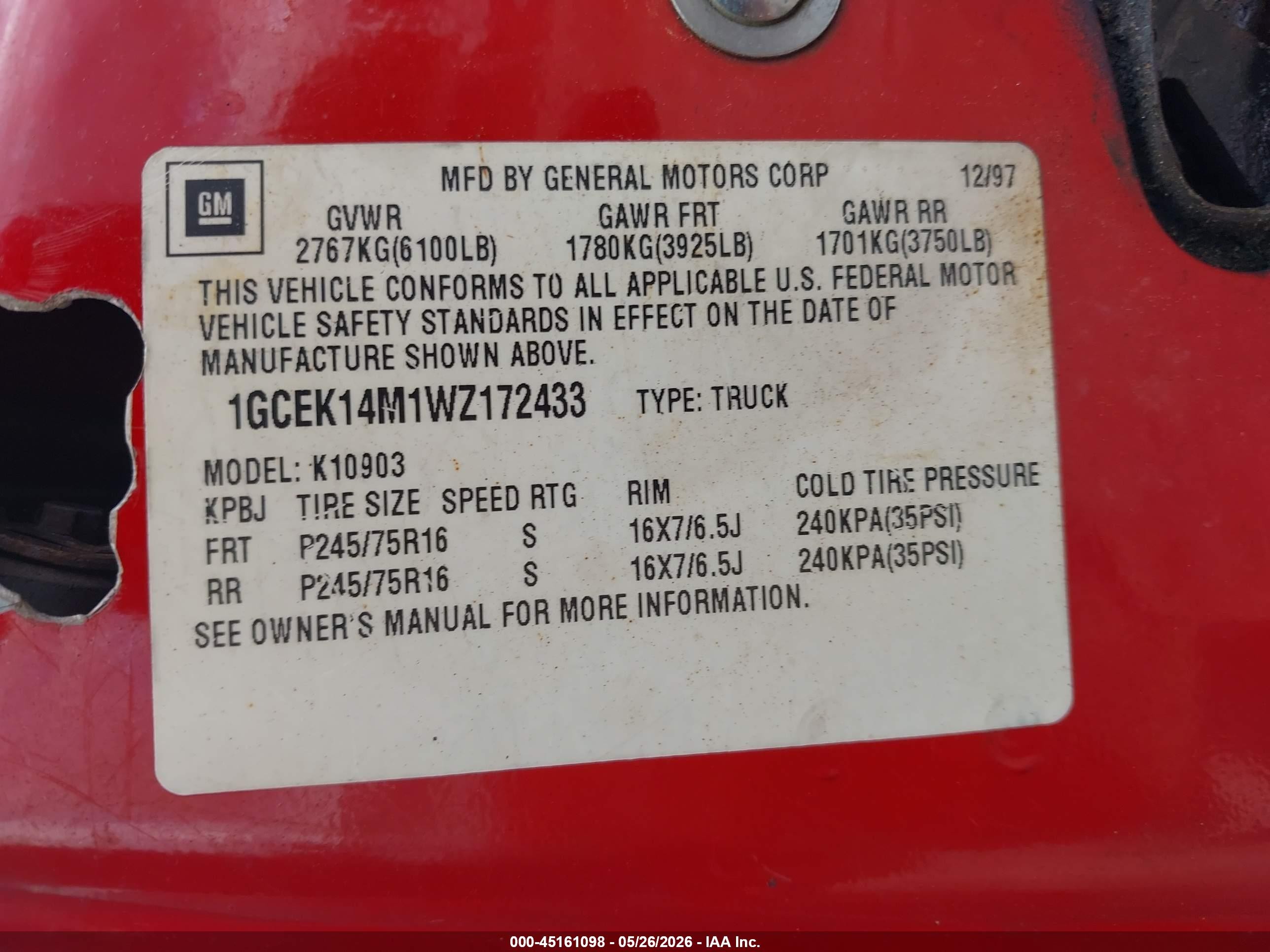 1998 Chevrolet K1500 Fleetside Red vin: 1GCEK14M1WZ172433