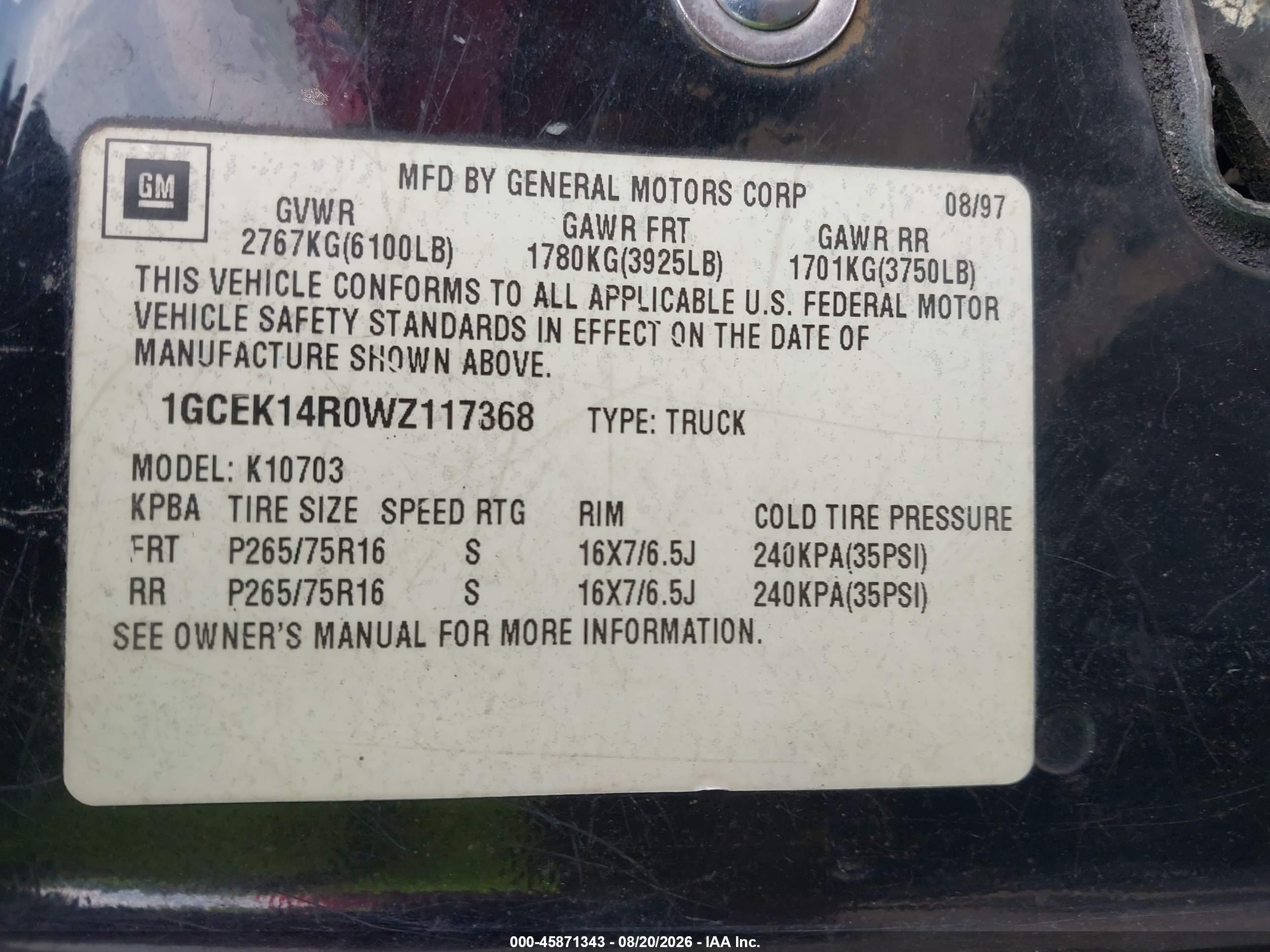 1998 Chevrolet C/k 1500 Fleetside Black vin: 1GCEK14R0WZ117368