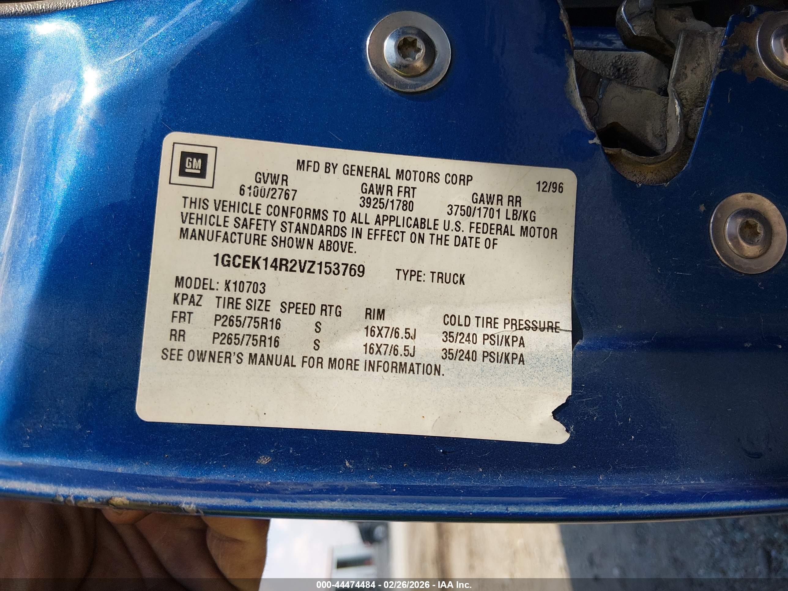 1997 Chevrolet K1500 Fleetside Blue vin: 1GCEK14R2VZ153769